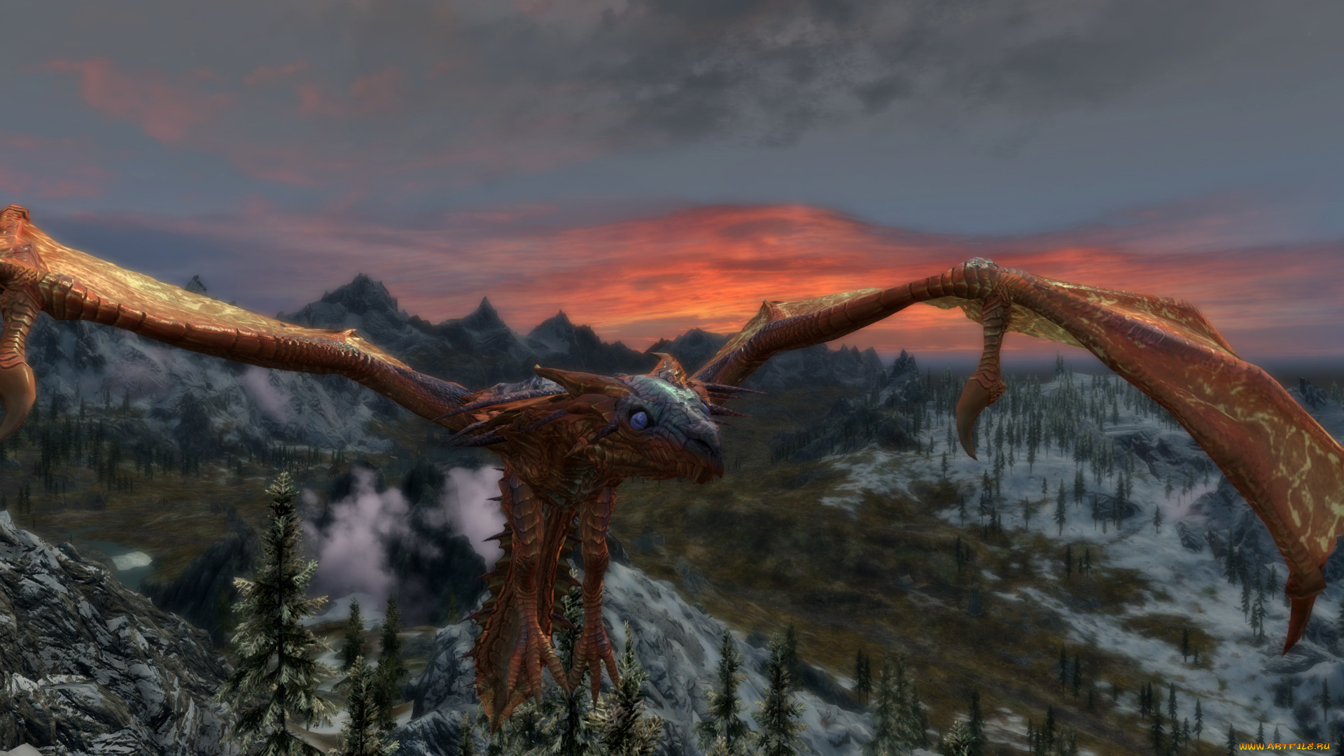 видео, игры, the, elder, scrolls, v, , skyrim, дракон, фон, полет, горы