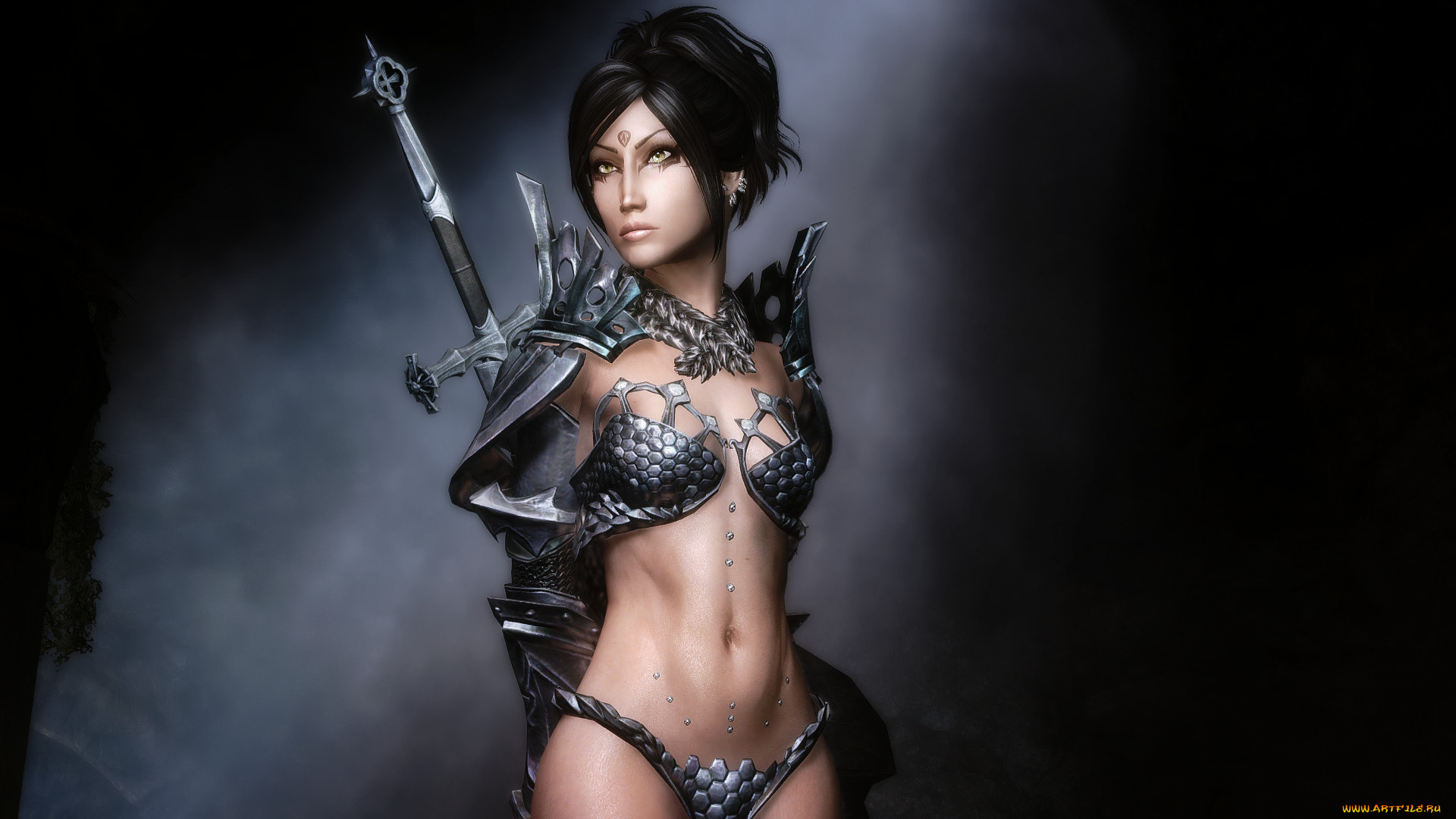 видео, игры, the, elder, scrolls, v, , skyrim, взгляд, девушка, оружие, фон