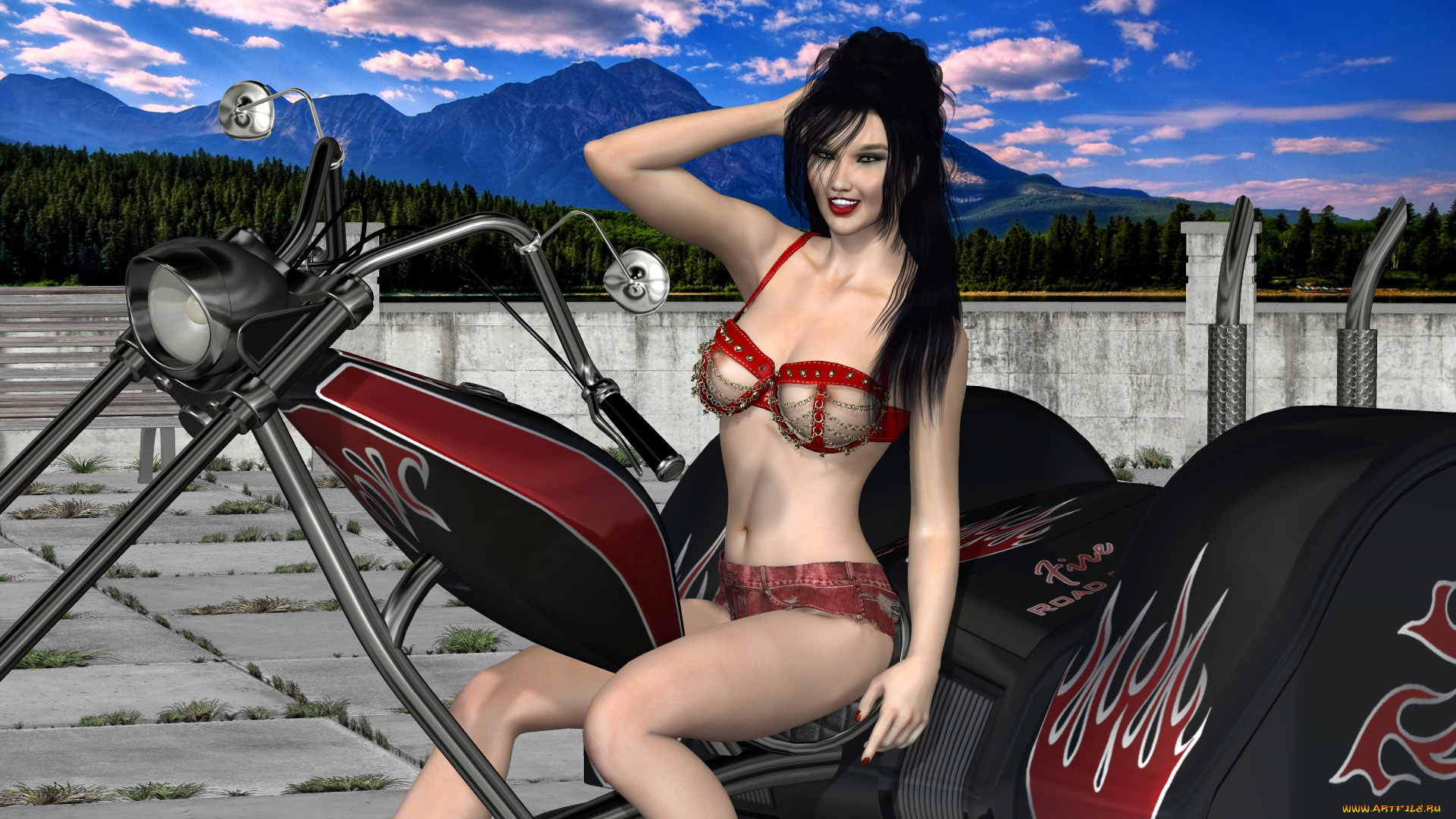 3д, графика, люди-авто, мото, , people-, car, , , moto, девушка, взгляд, фон