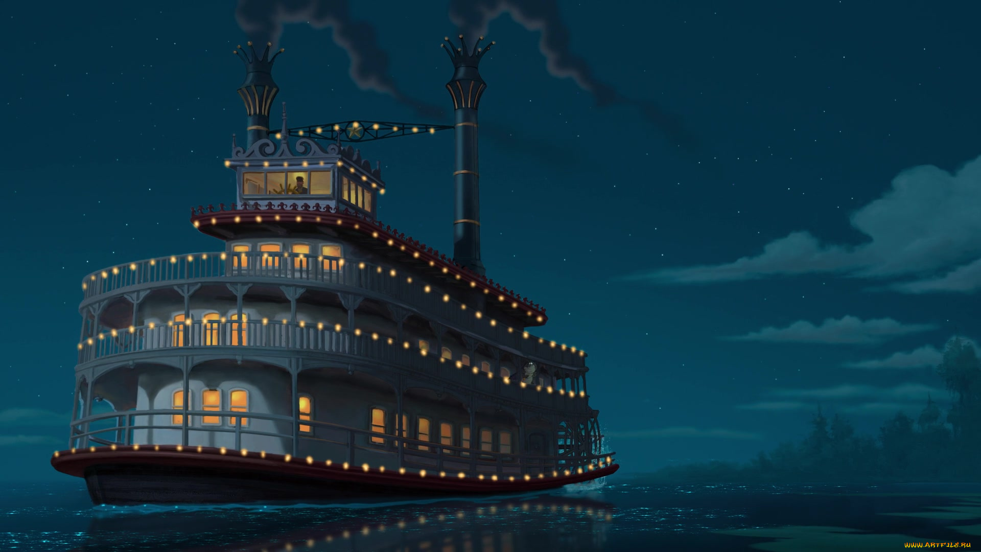 корабли, рисованные, корабль, водоем, деревья, облака