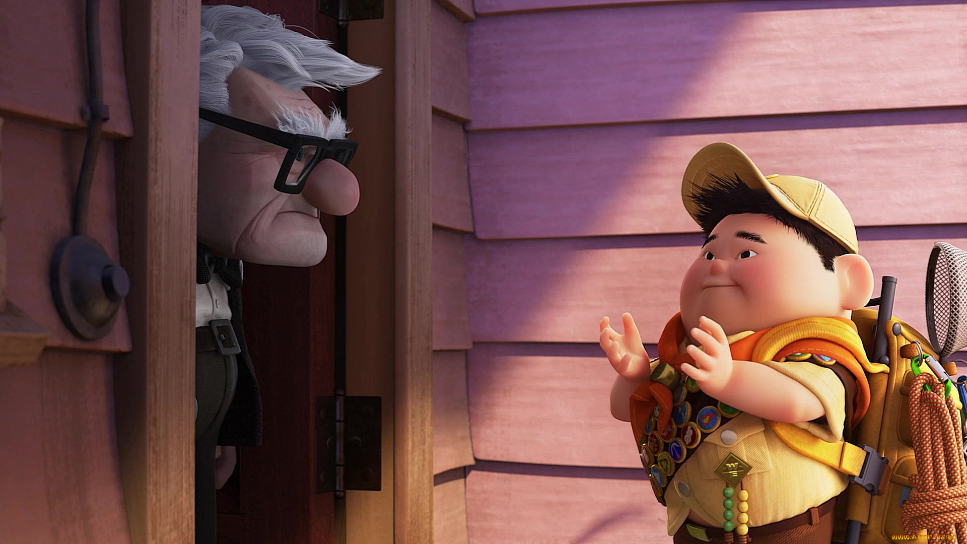 мультфильмы, up, дедушка, очки, мальчик, бейсболка, значки, рюкзак