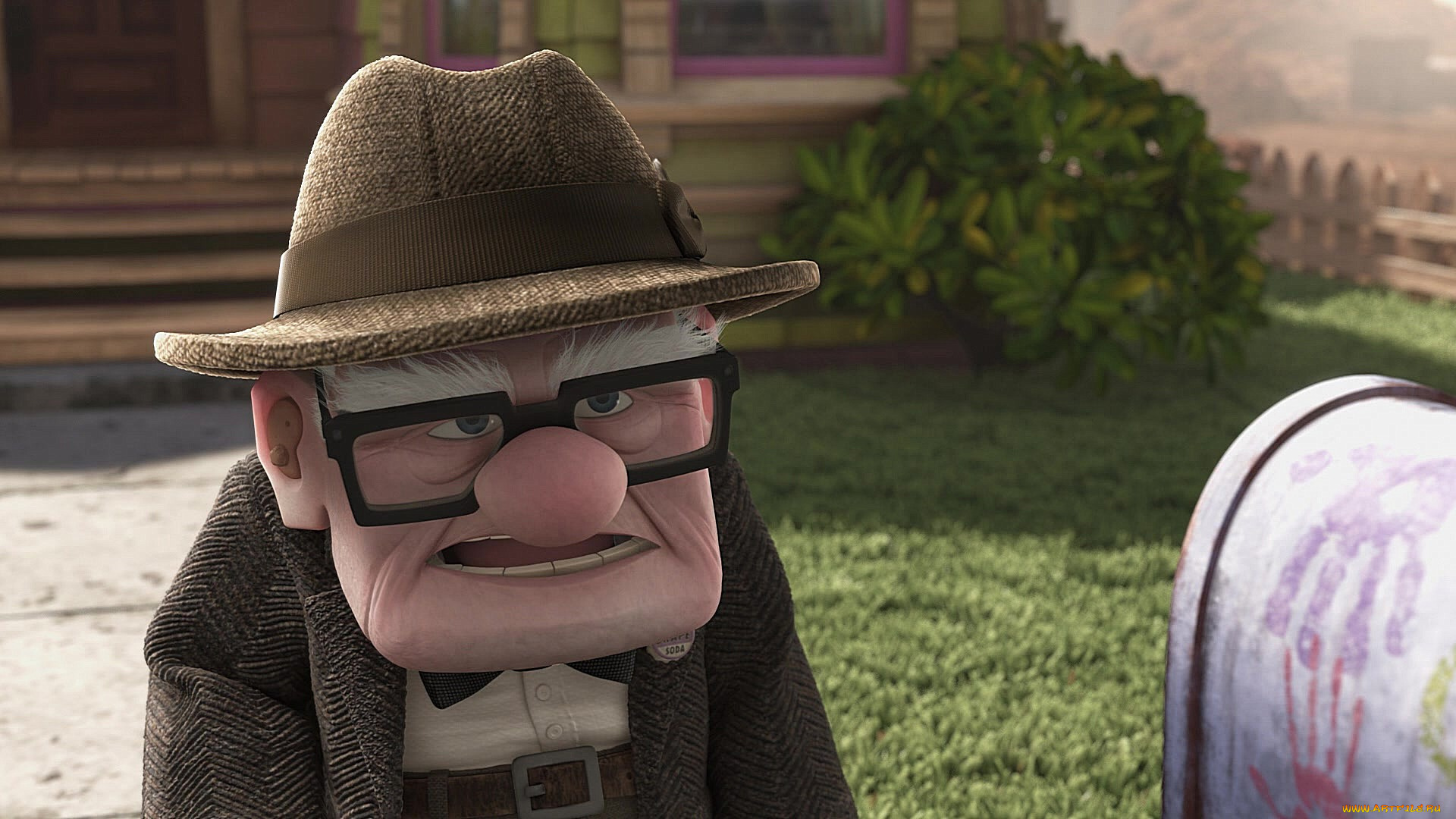 мультфильмы, up, дедушка, очки, шляпа, растения, улица