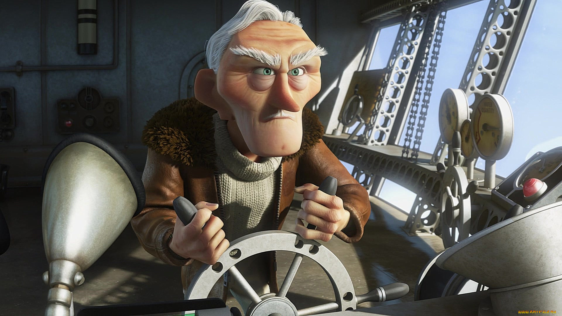 мультфильмы, up, дедушка, штурвал, руль, куртка, мужчина