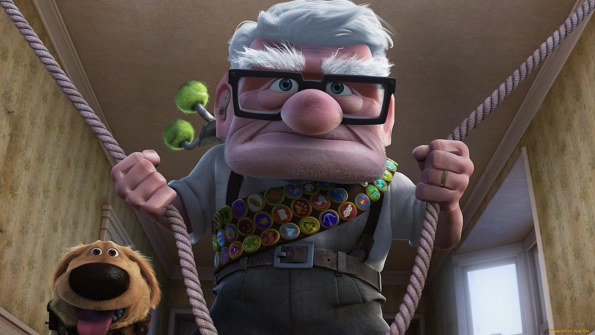 мультфильмы, up, дедушка, собака, значки, очки, веревка, мужчина