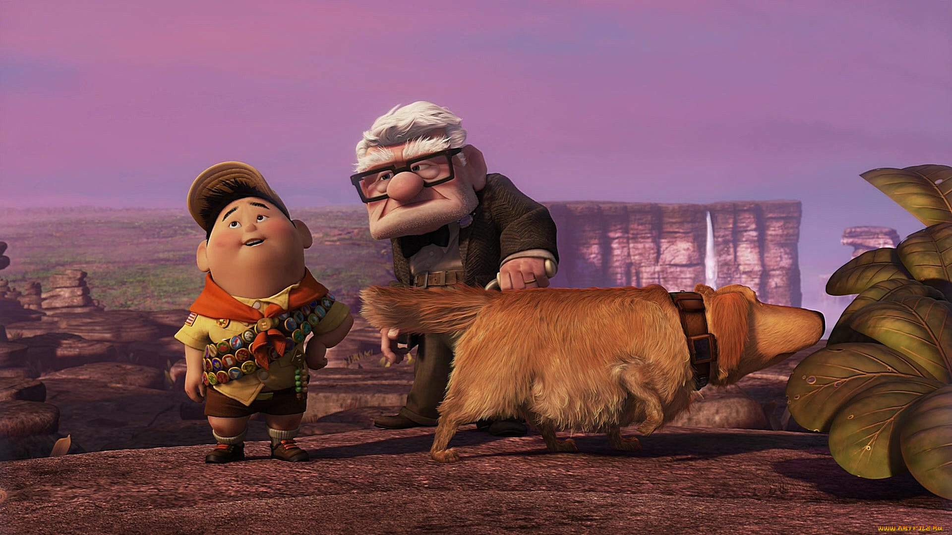 мультфильмы, up, мальчик, дедушка, собака, значки, растения