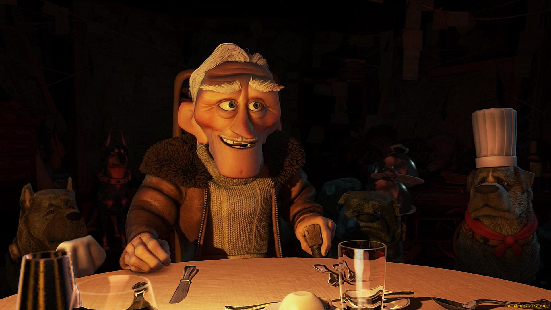 мультфильмы, up, вилка, стакан, колпак, собака, дедушка, мужчина