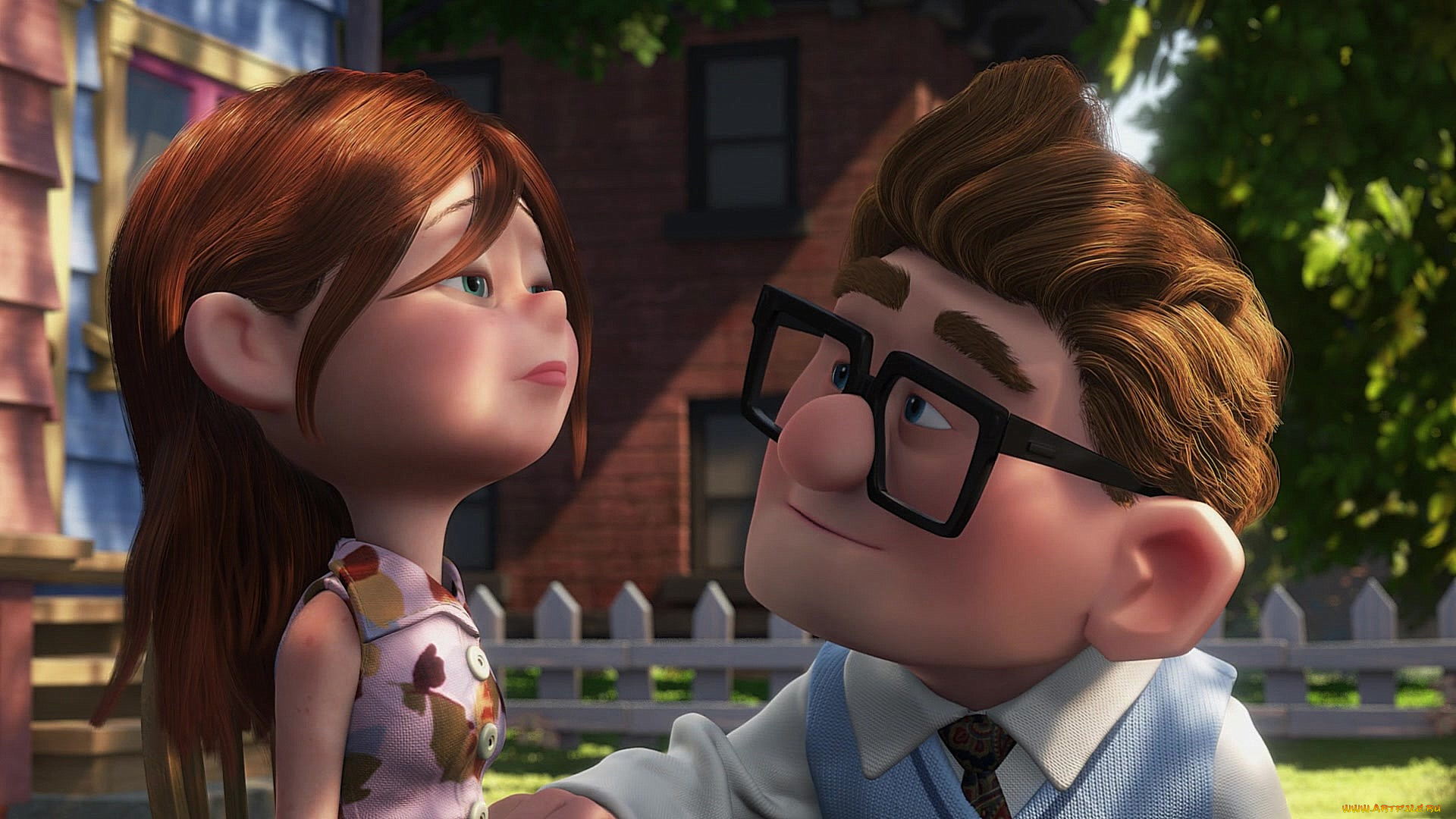 мультфильмы, up, женщина, мужчина, очки, грусть, забор