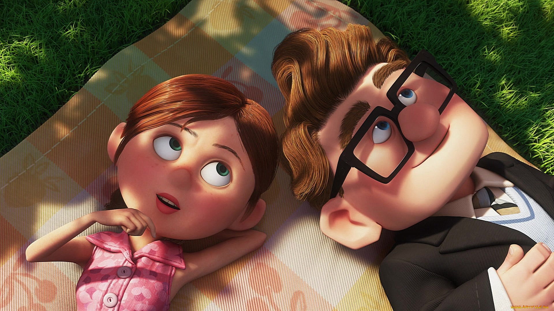 мультфильмы, up, женщина, мужчина, очки, ткань, трава