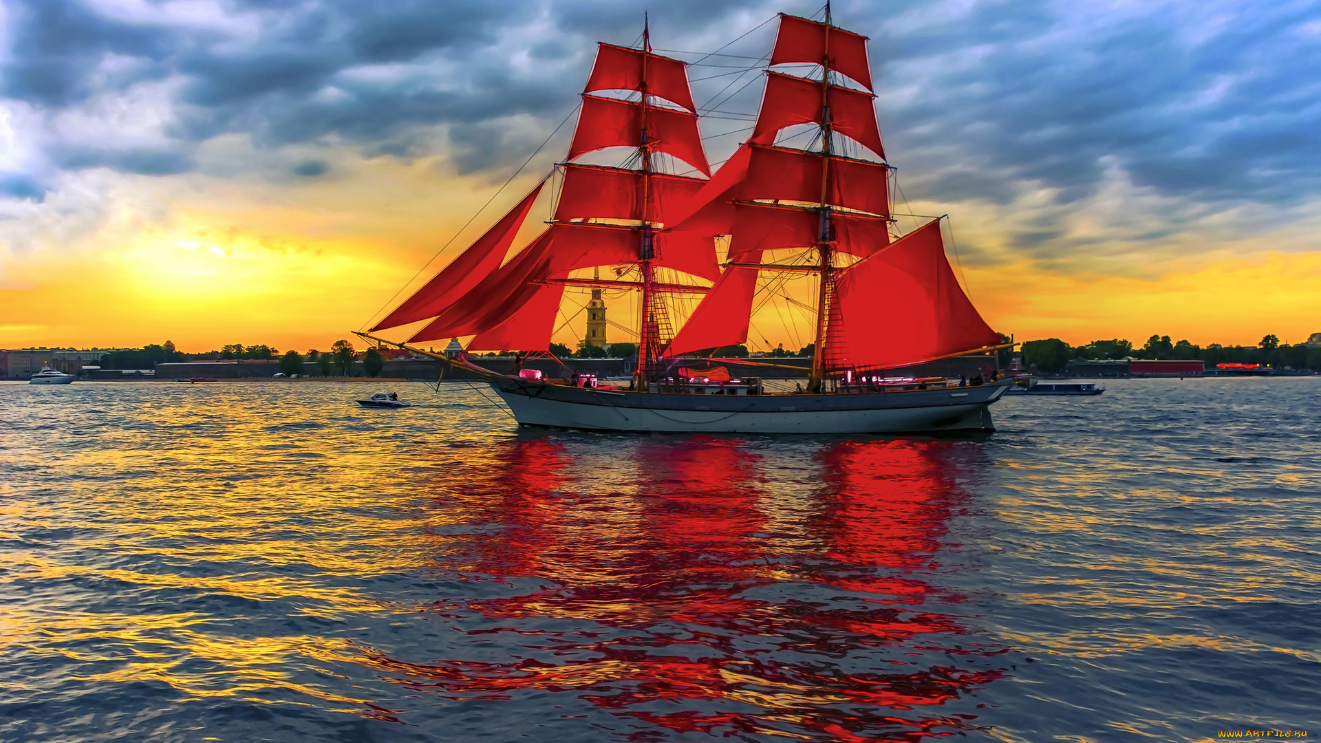 с-петербург, корабли, парусники, водоем, красные, паруса, облака