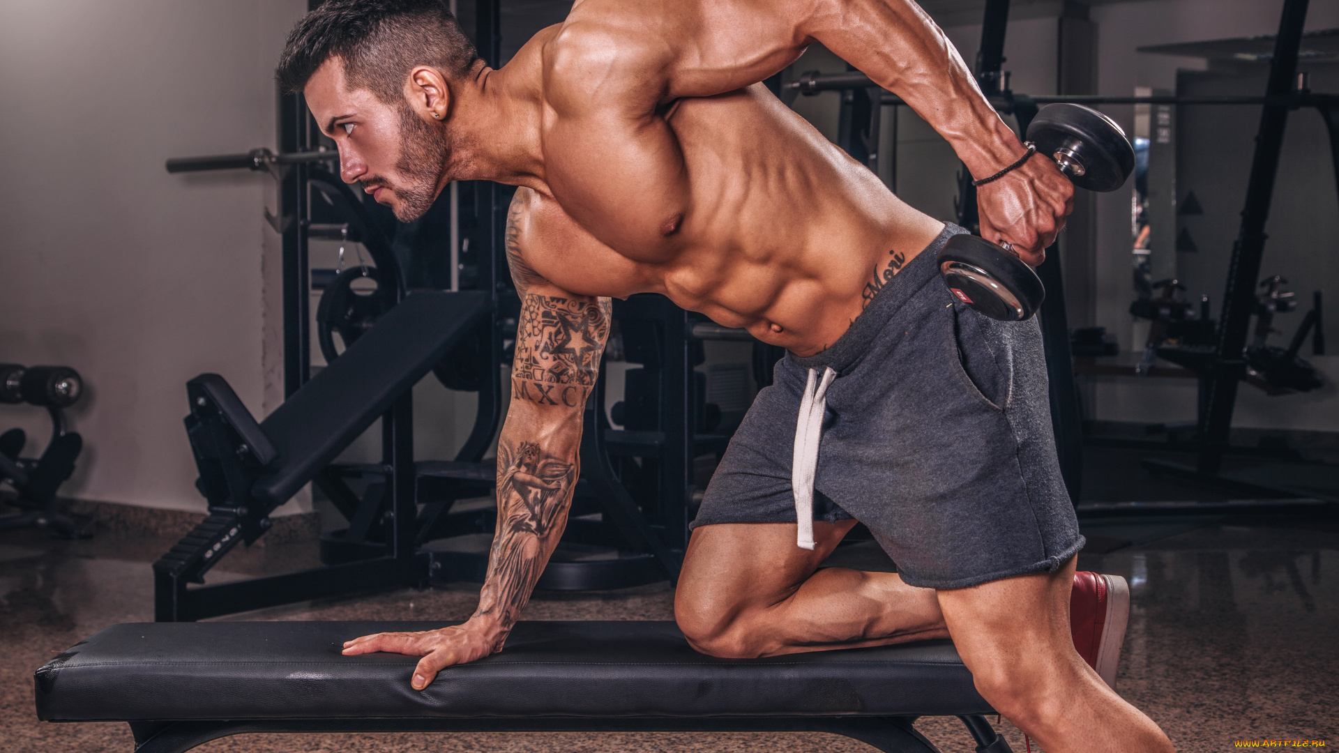 спорт, фитнес, мускулистый, мужчина, занимается, в, спортзале, с, гантелей