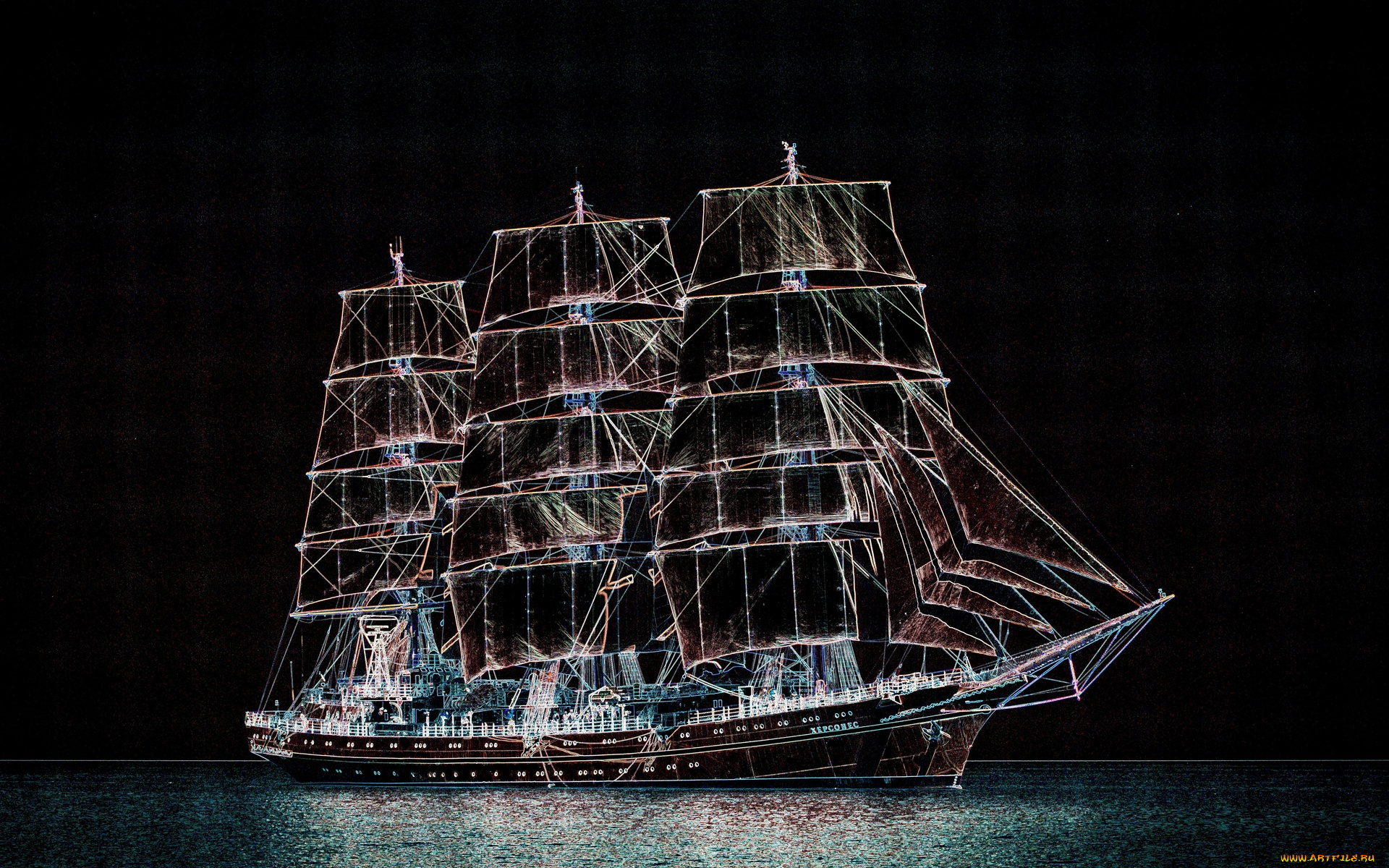 корабли, парусники, водоем, ночь, освещение