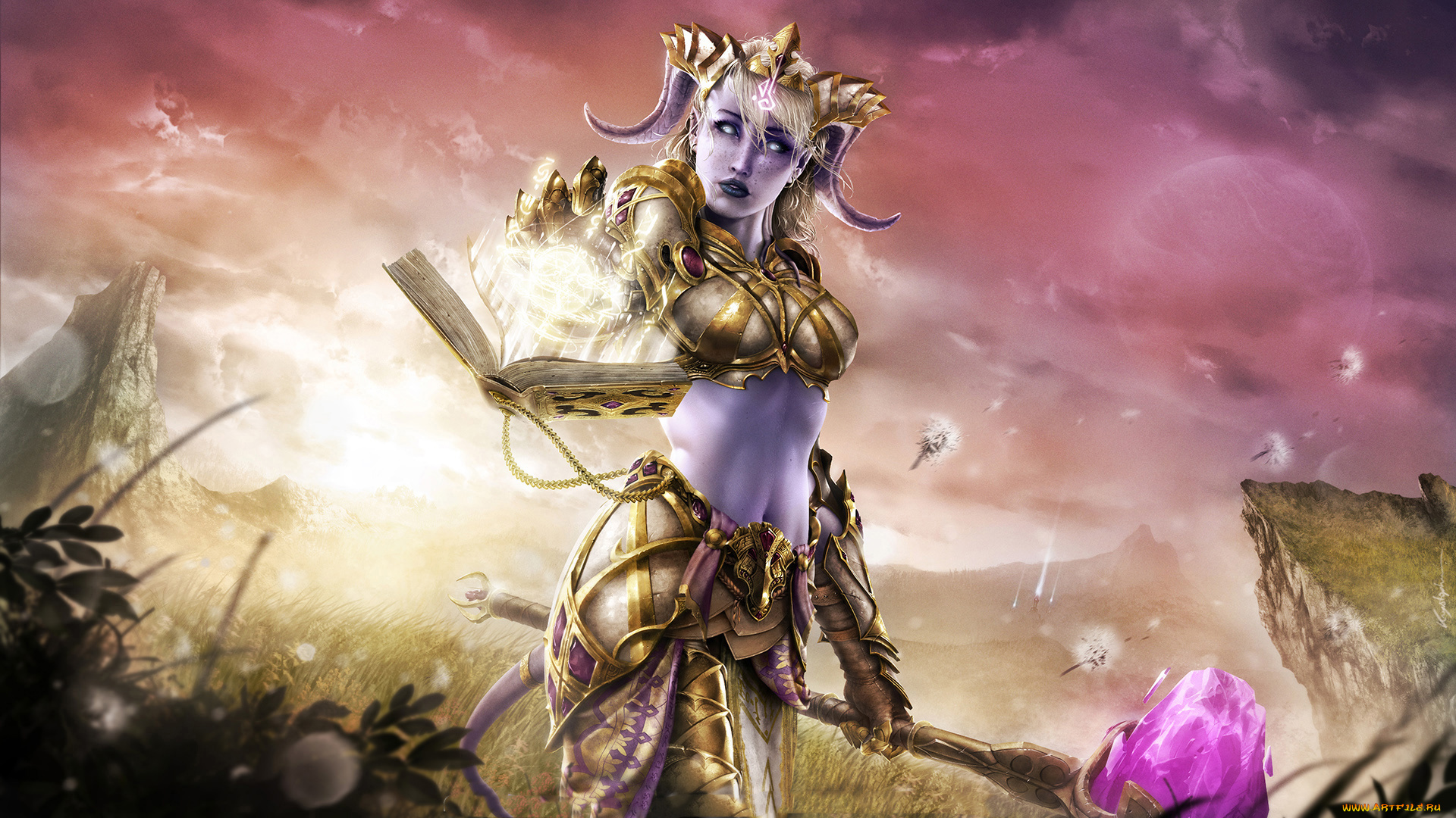 фэнтези, демоны, униформа, взгляд, фон, девушка, рога, магия