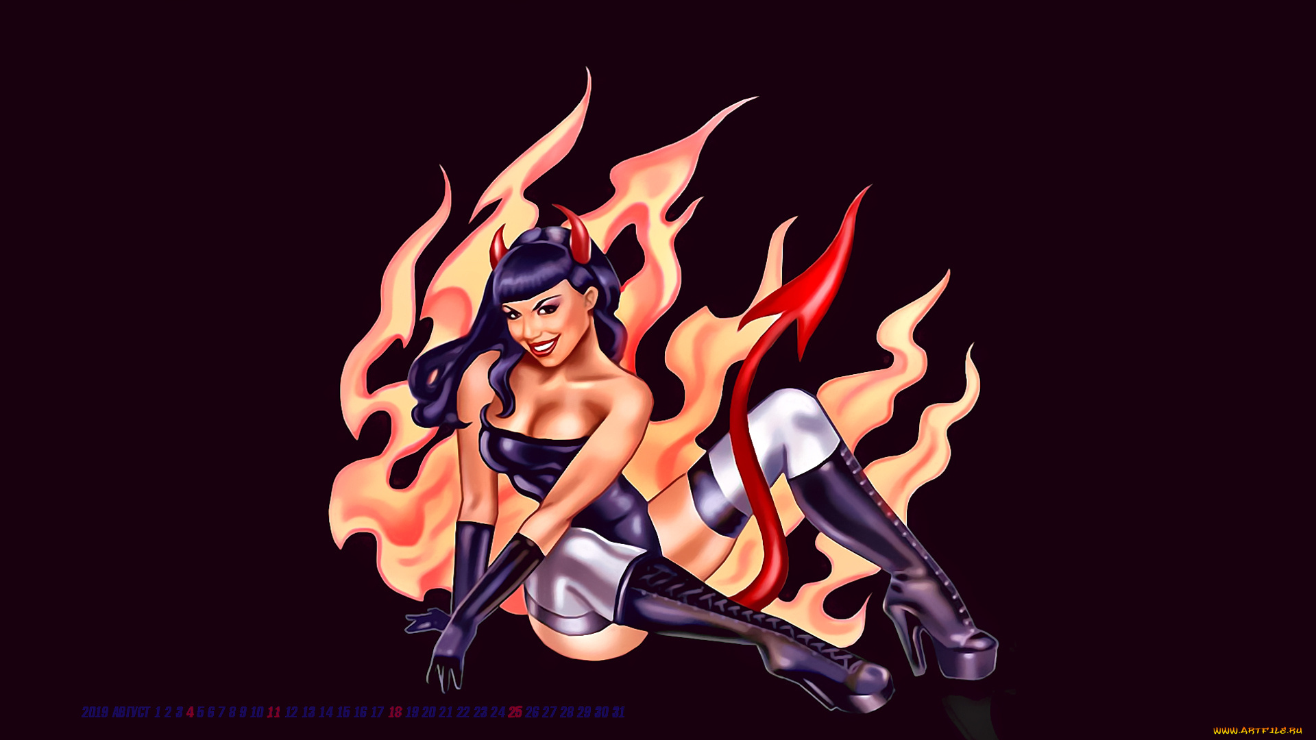 календари, фэнтези, девушка, пламя, рога, улыбка, 2019, calendar, существо, женщина, хвост