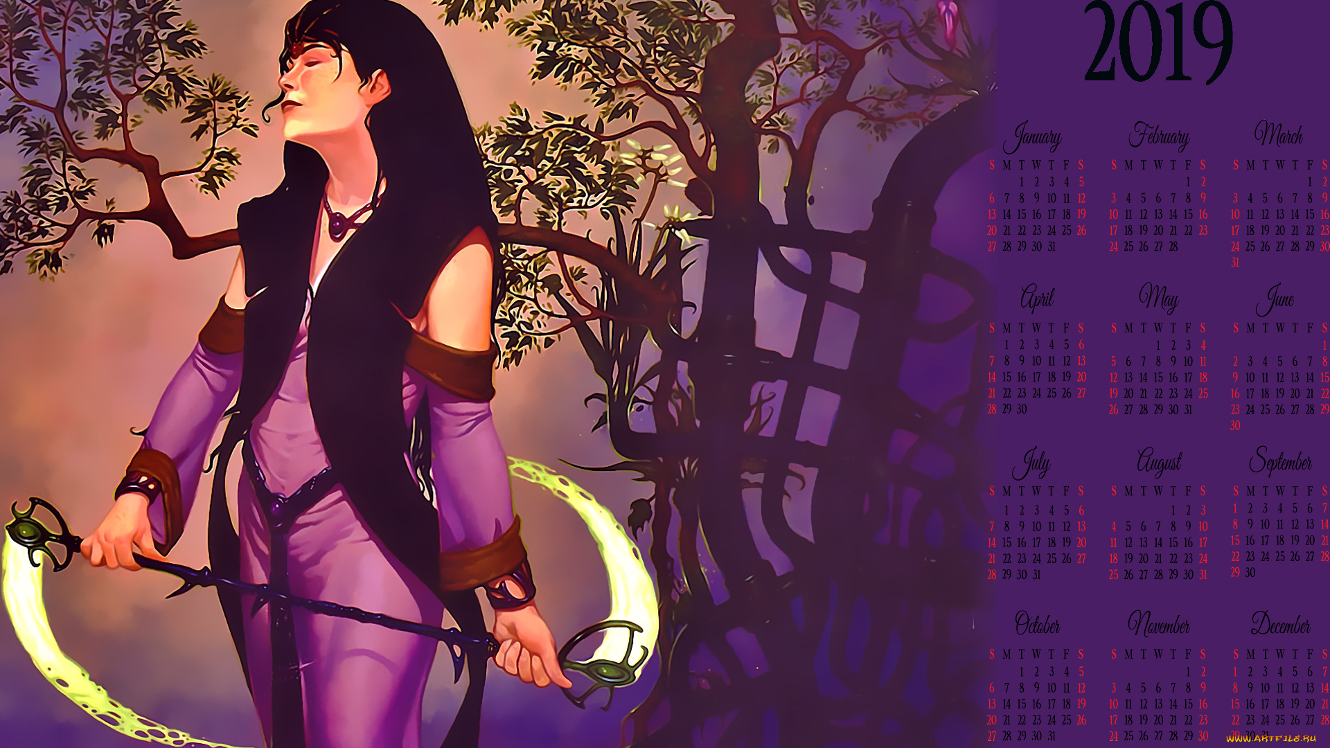 календари, фэнтези, оружие, дерево, природа, девушка, 2019, женщина, calendar