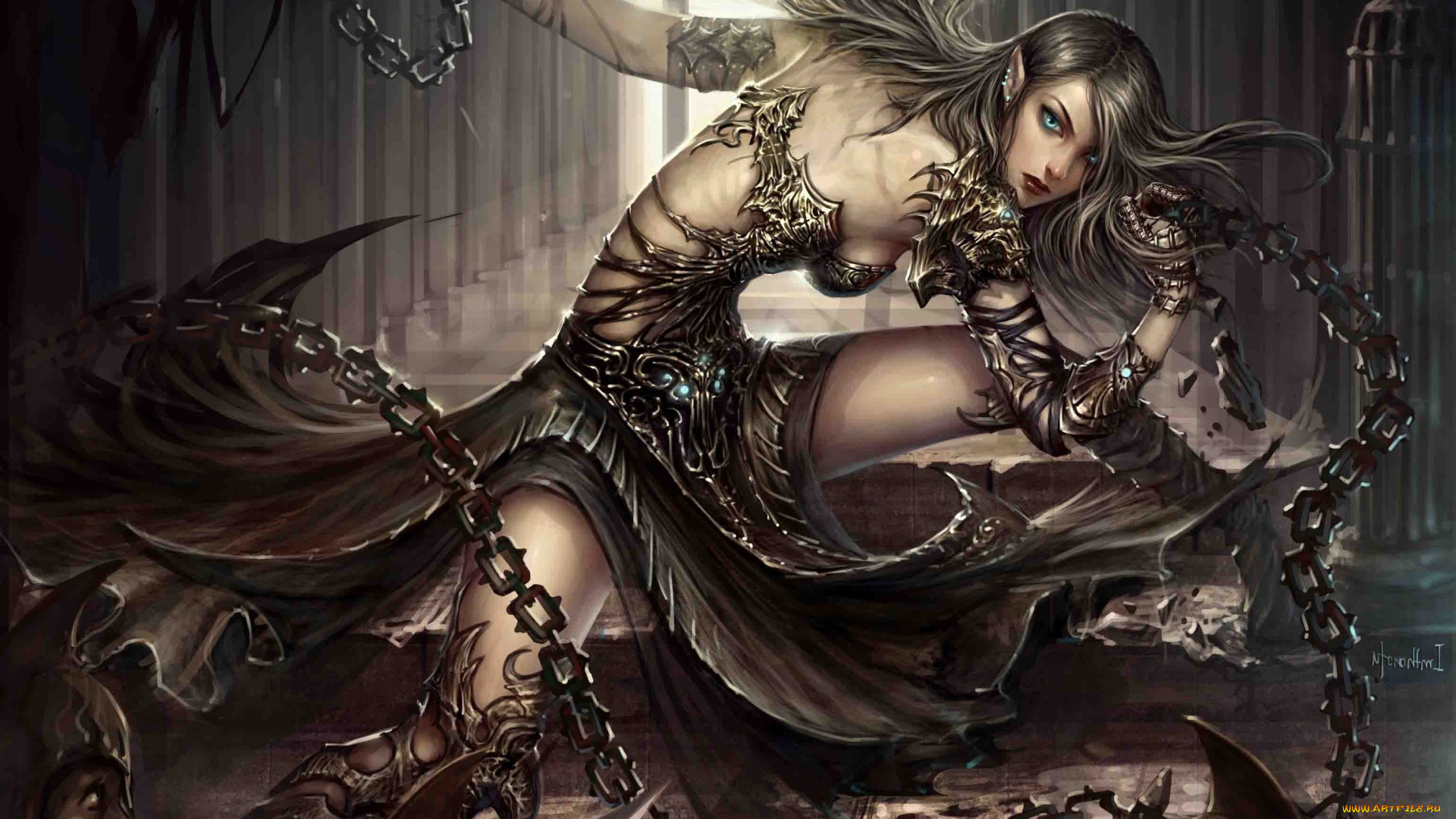 фэнтези, эльфы, девушка, эльф, цепи, ступени, воины