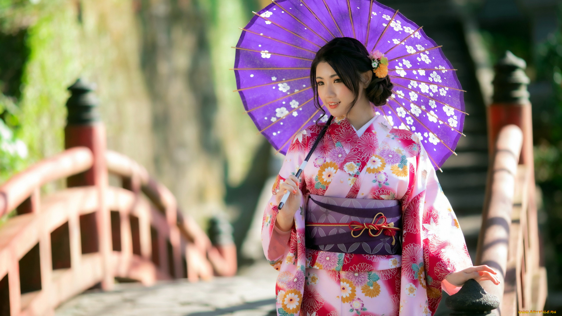 девушки, -, азиатки, японка, азиатка, кимоно, зонтик