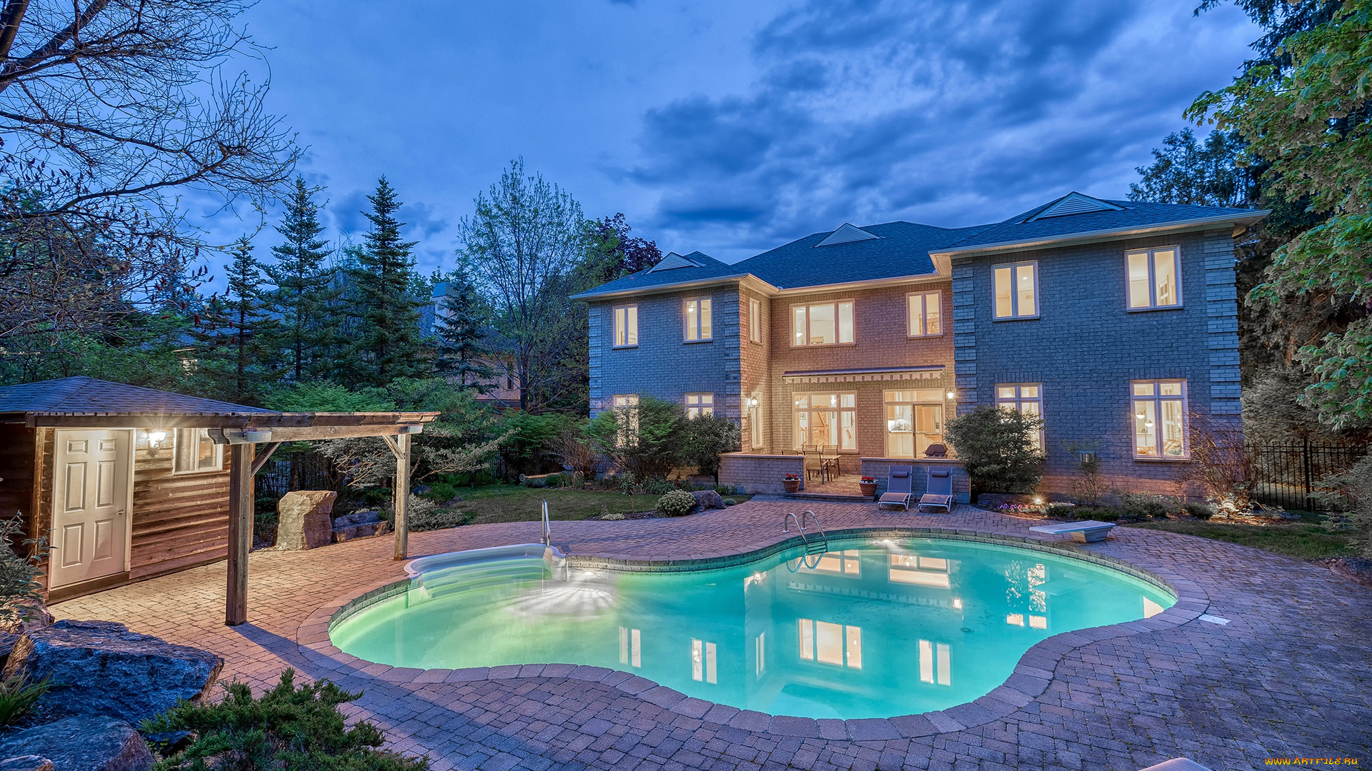 города, -, здания, , дома, вилла, вечер, бассейн, освещение, архитектура, особняк, терраса