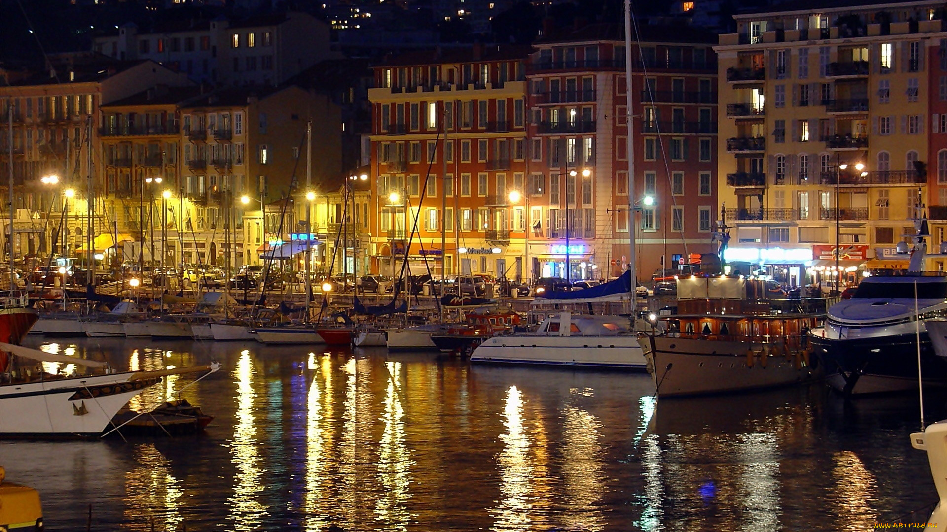 города, ницца, , франция, река, корабли, вечер, огни