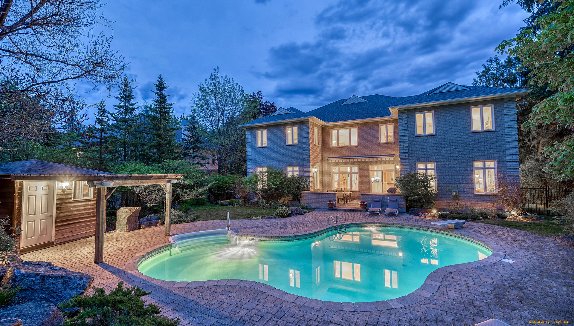 города, -, здания, , дома, вилла, вечер, бассейн, освещение, архитектура, особняк, терраса