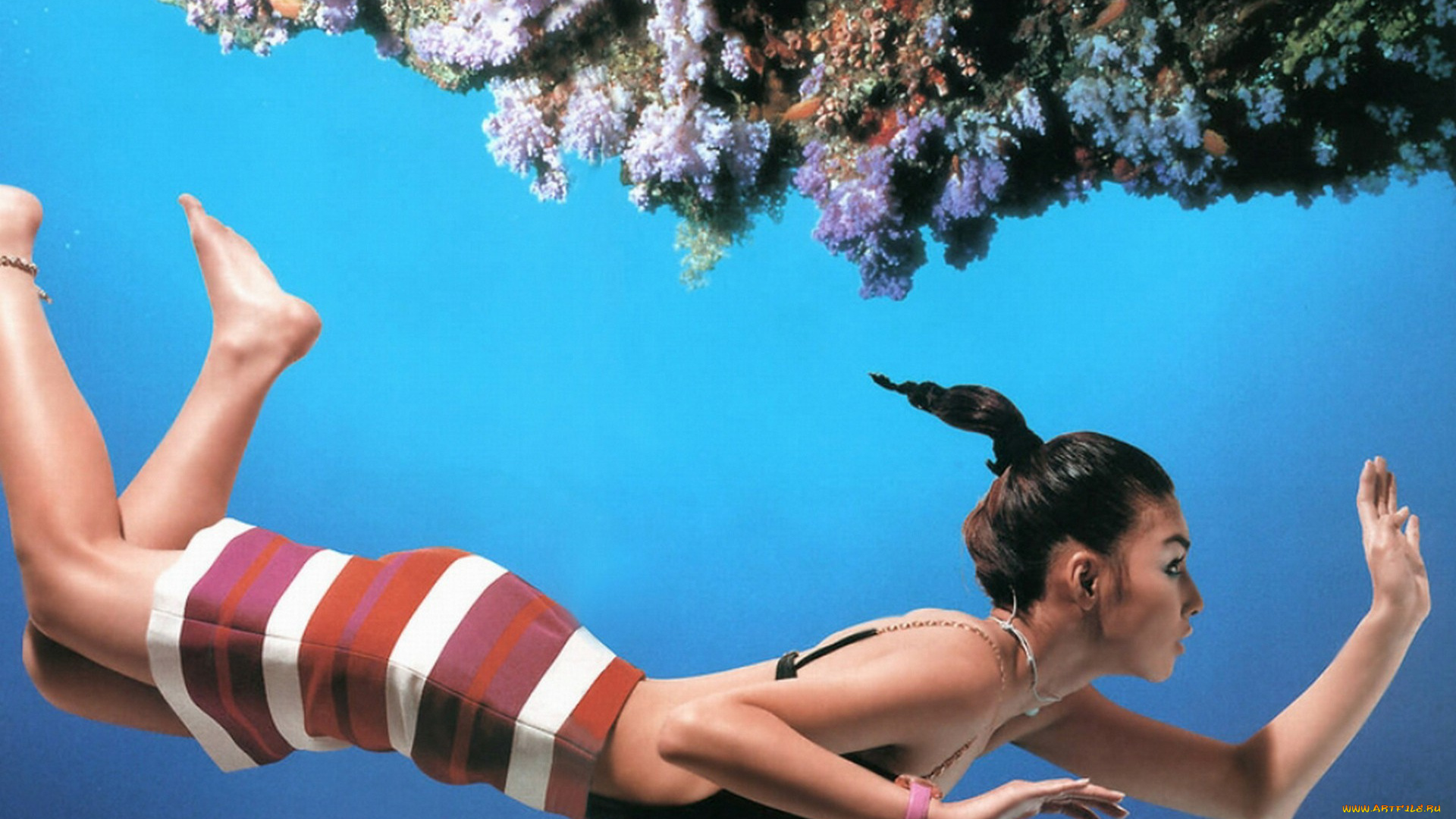 девушки, -, азиатки, платье, море, кораллы