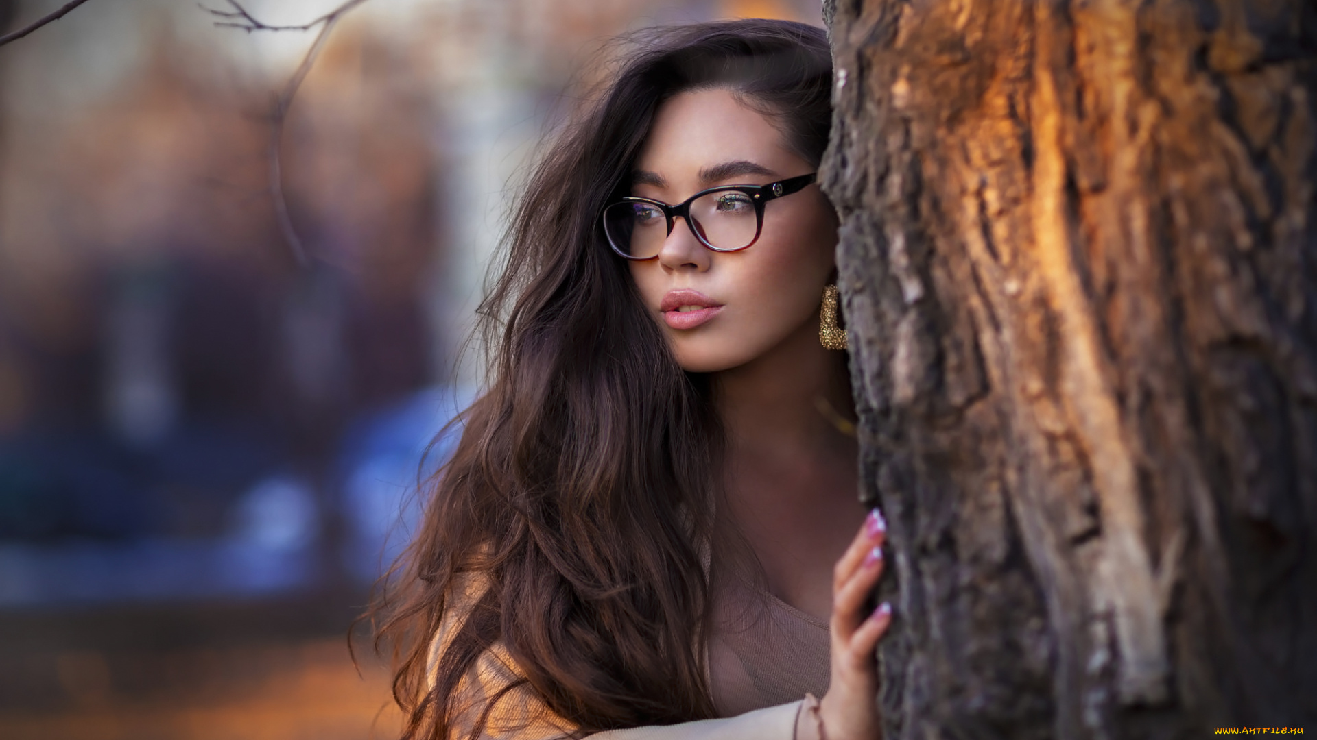 девушки, -, брюнетки, , шатенки, richard, duke, женщины, брюнетка, длинные, волосы, очки, макияж, портрет, маникюр, кора, дерева