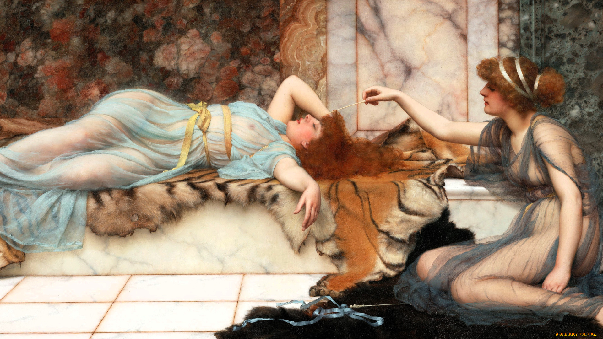 озорница, и, спящая, рисованное, john, william, godward, женщины, шкура, мрамор