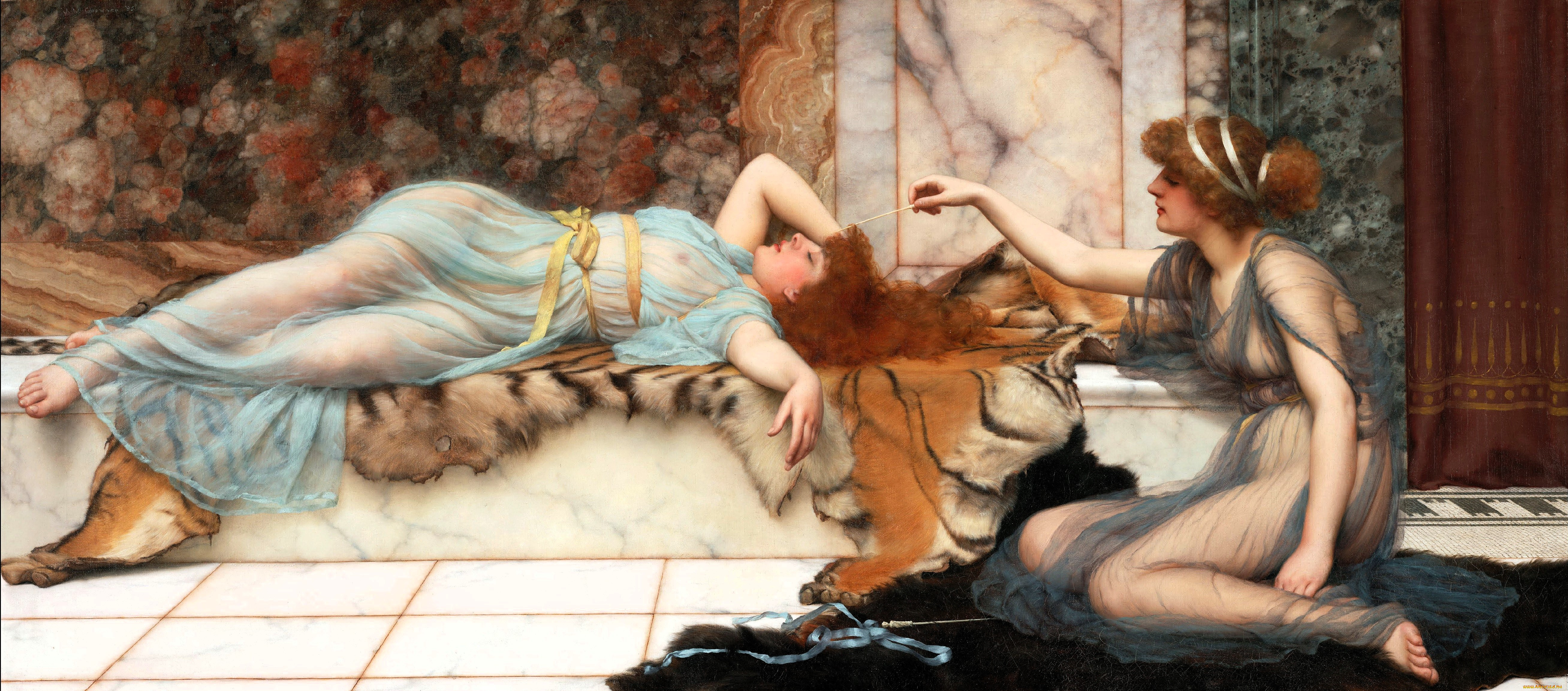 озорница, и, спящая, рисованное, john, william, godward, женщины, шкура, мрамор