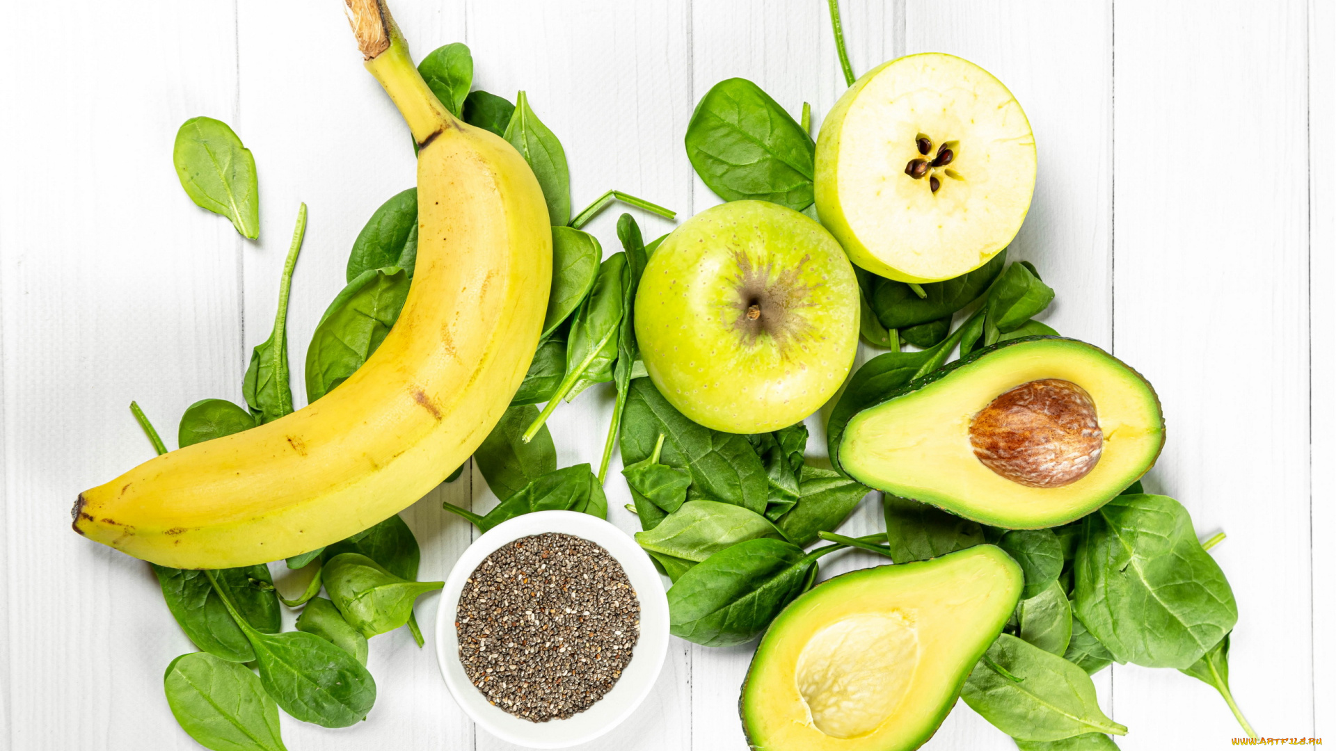 еда, фрукты, и, овощи, вместе, авокадо, яблоко, банан, мак, шпинат