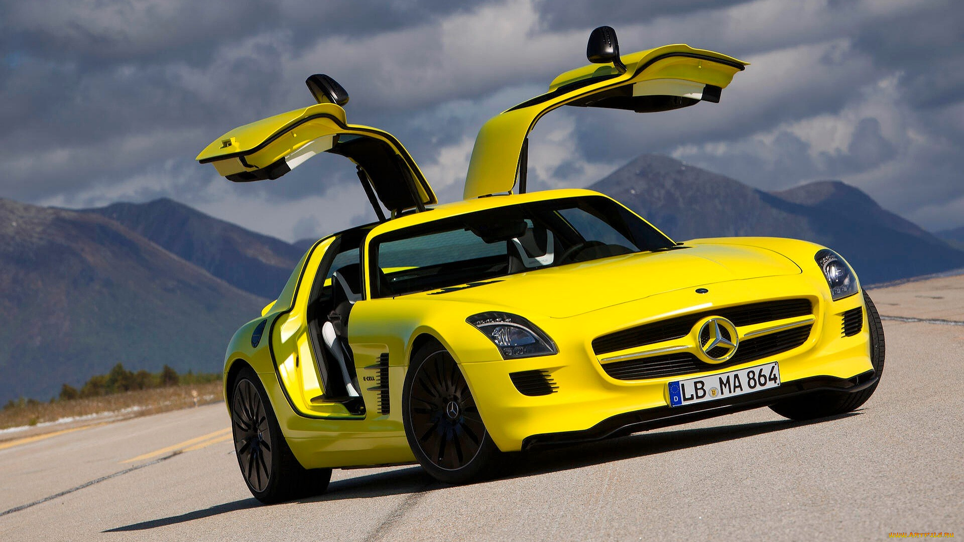 mercedes-benz, sls, amg, автомобили, mercedes-benz, желтый, двери, дорога, горы