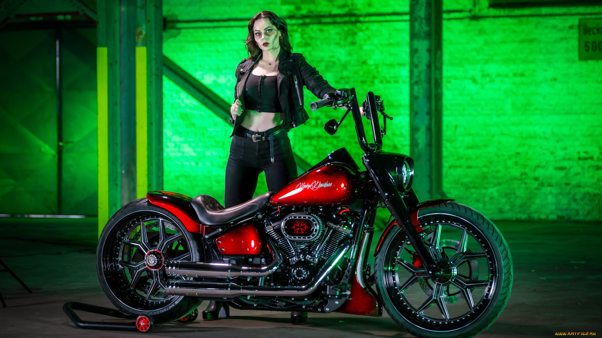 мотоциклы, мото, с, девушкой, harley-davidson, softail, fat, boy, customized, custombikes, night, blood, american, girl