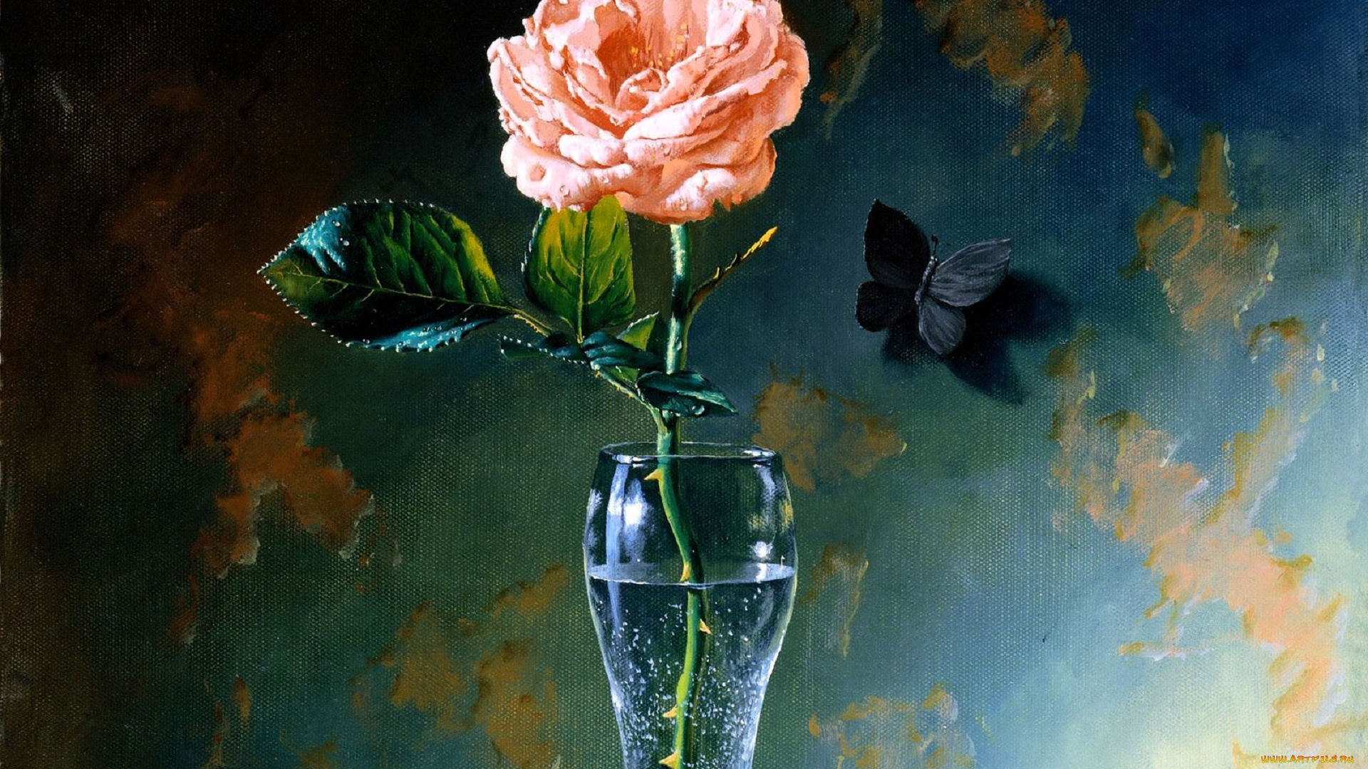 рисованное, алексей, антонов, роза, бабочка, вода, ваза