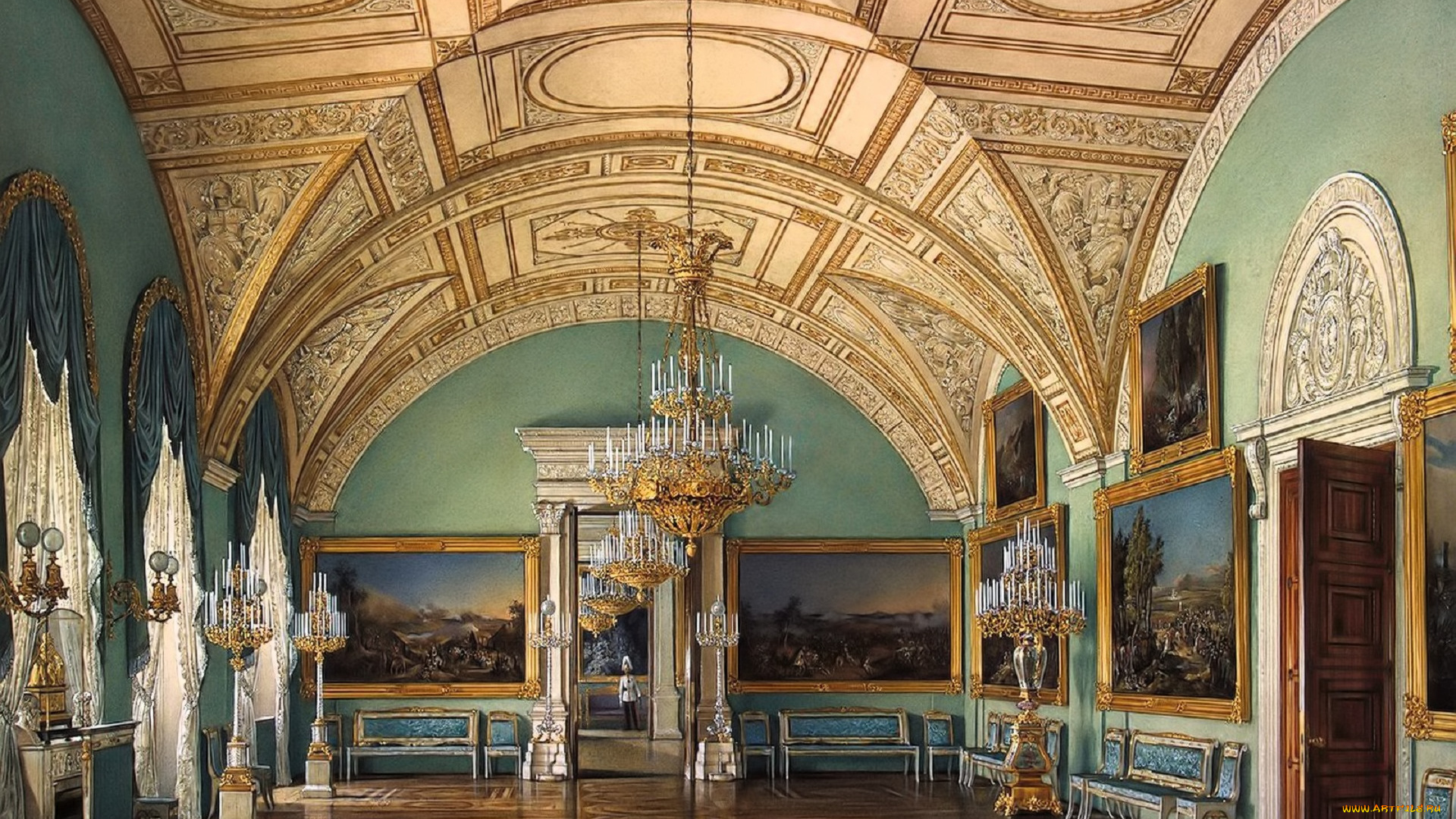 рисованное, эдуард, гау, интерьер, комната, дворец, зал, люстра, свод, лепнина, картины, паркет, стулья