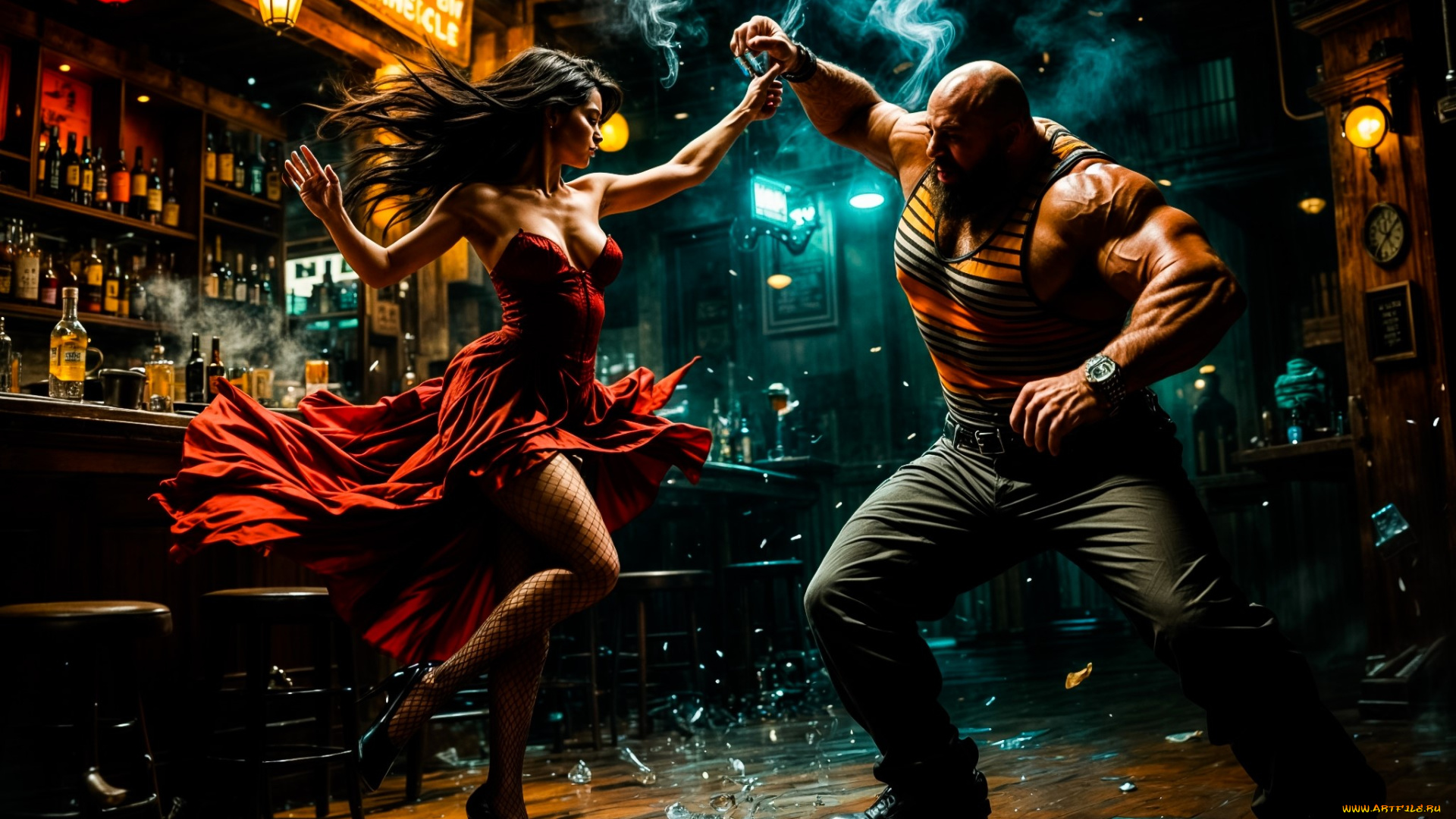 рисованное, люди, женщина, мужчина, танец, осколки, бар, бутылки, дым