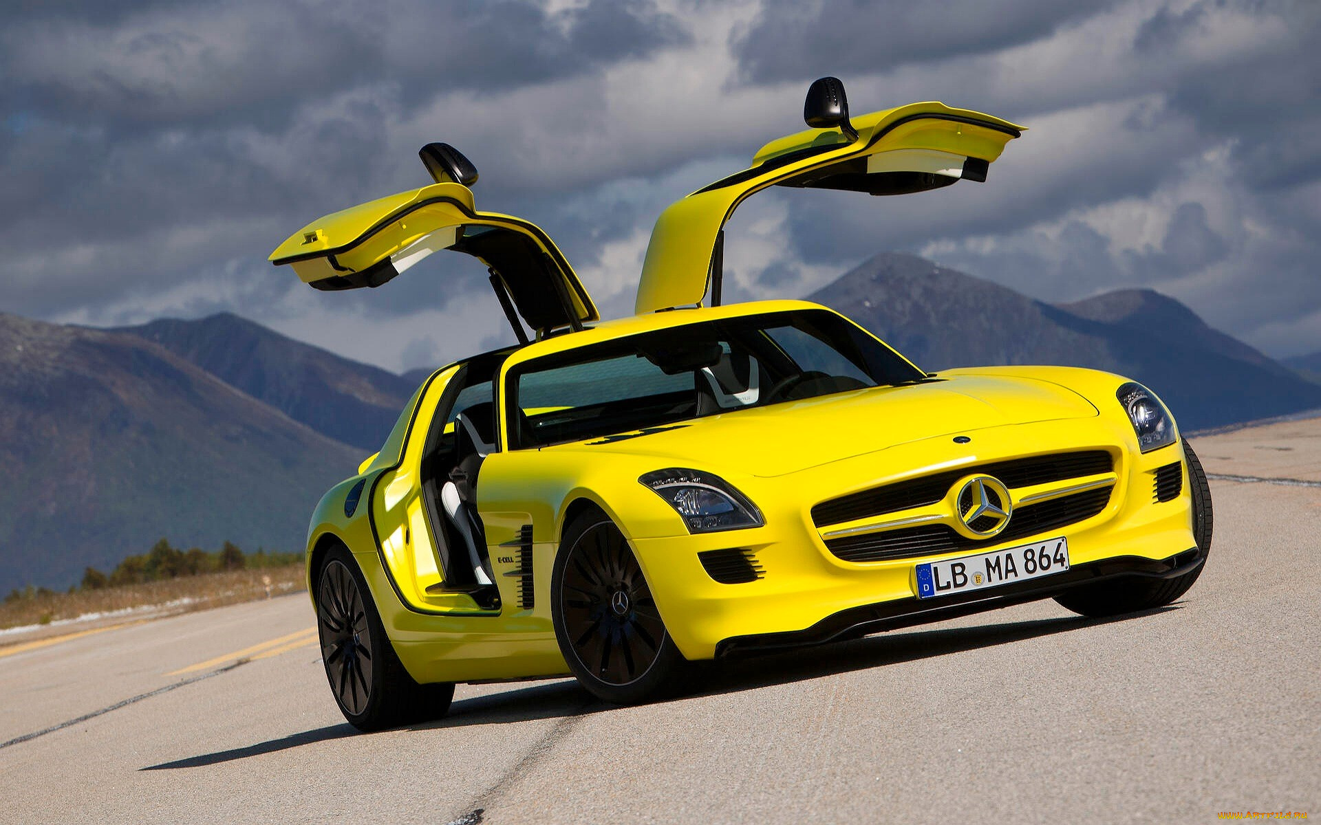 mercedes-benz, sls, amg, автомобили, mercedes-benz, желтый, двери, дорога, горы