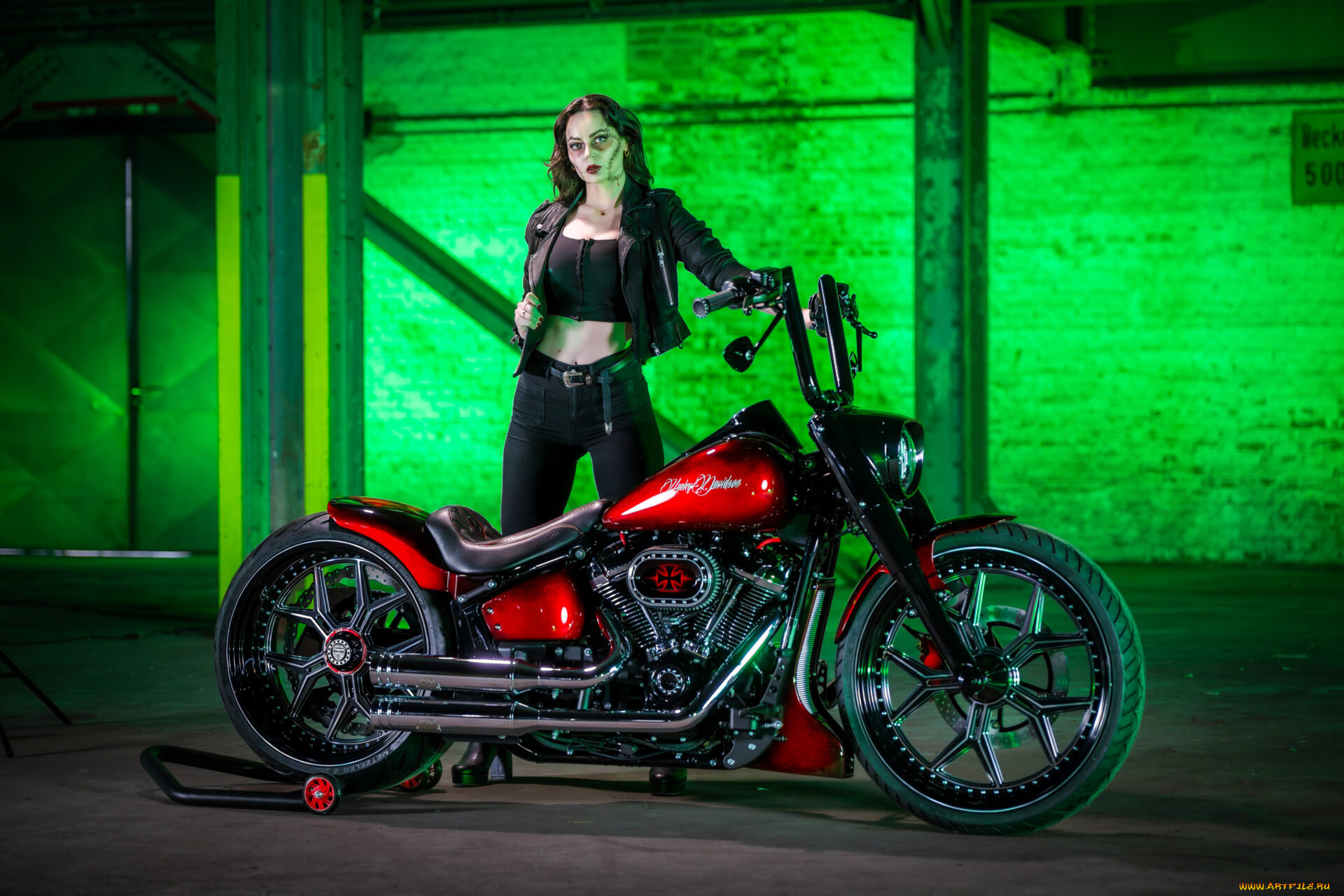 мотоциклы, мото, с, девушкой, harley-davidson, softail, fat, boy, customized, custombikes, night, blood, american, girl