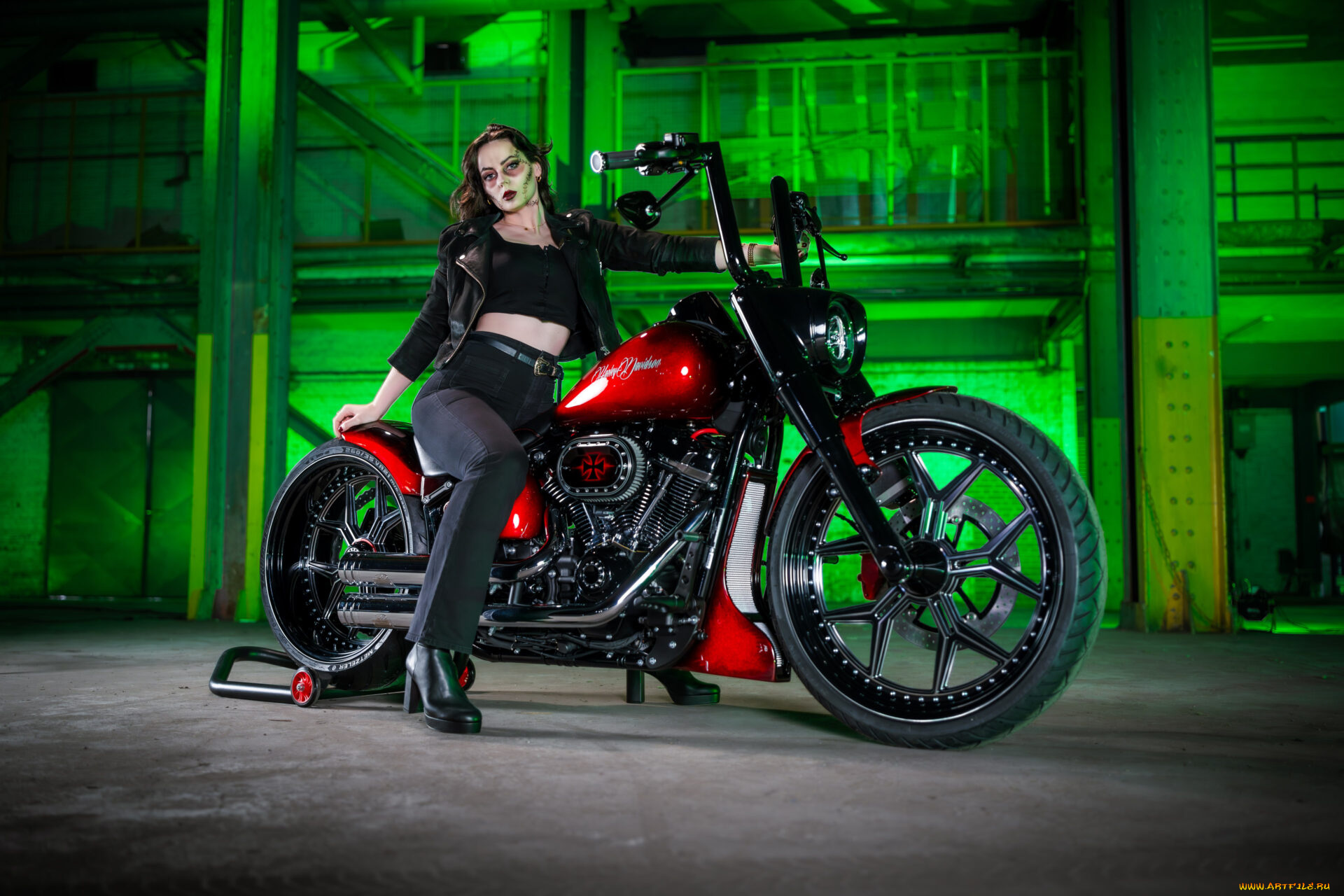 мотоциклы, мото, с, девушкой, harley-davidson, softail, fat, boy, customized, custombikes, night, blood, american, girl