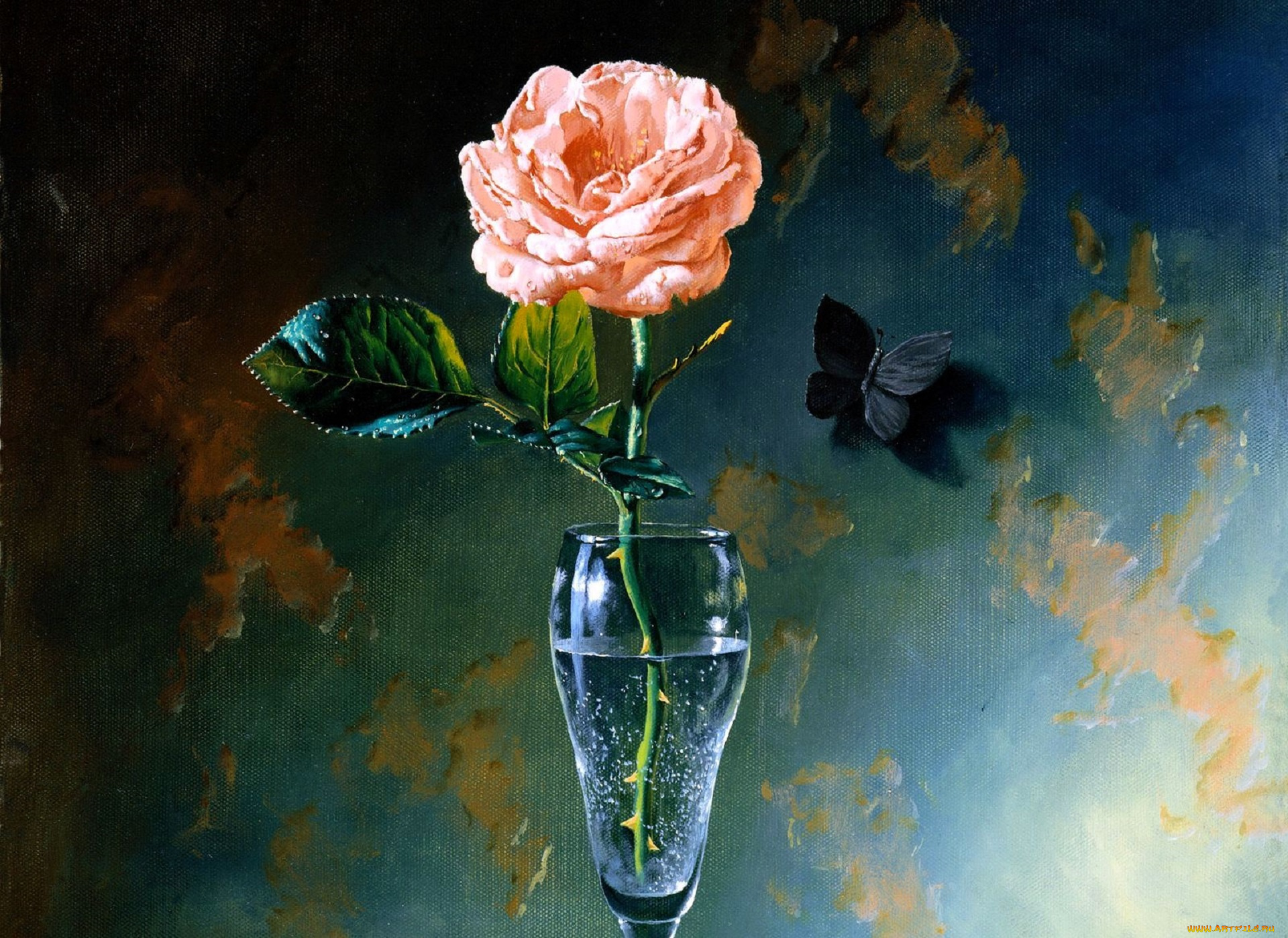 рисованное, алексей, антонов, роза, бабочка, вода, ваза