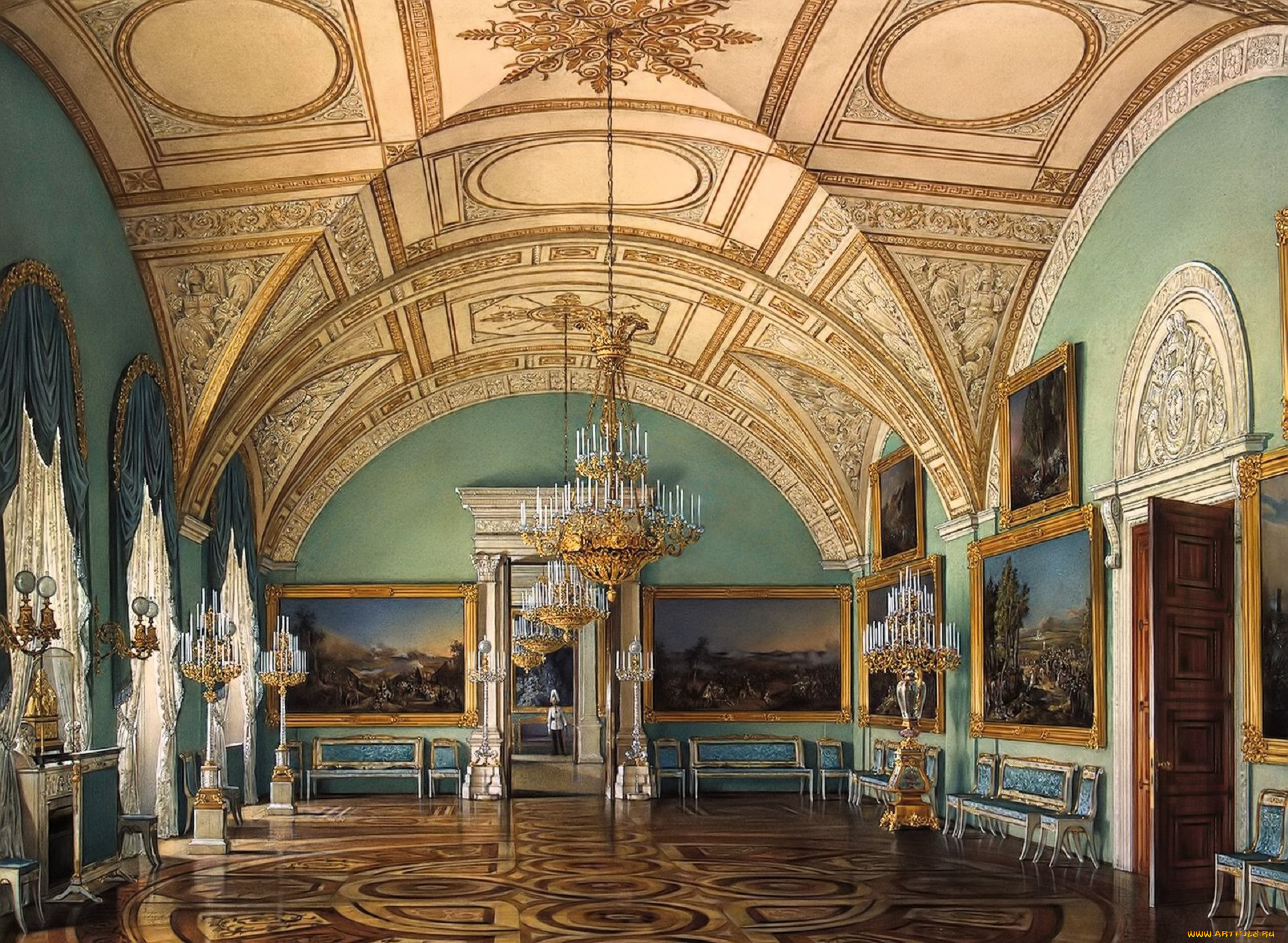 рисованное, эдуард, гау, интерьер, комната, дворец, зал, люстра, свод, лепнина, картины, паркет, стулья