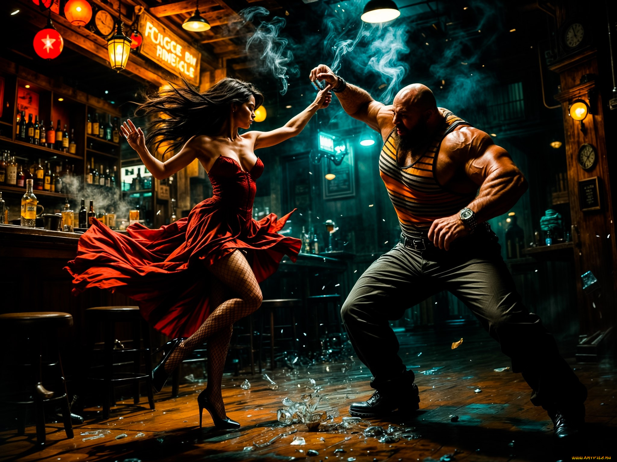 рисованное, люди, женщина, мужчина, танец, осколки, бар, бутылки, дым