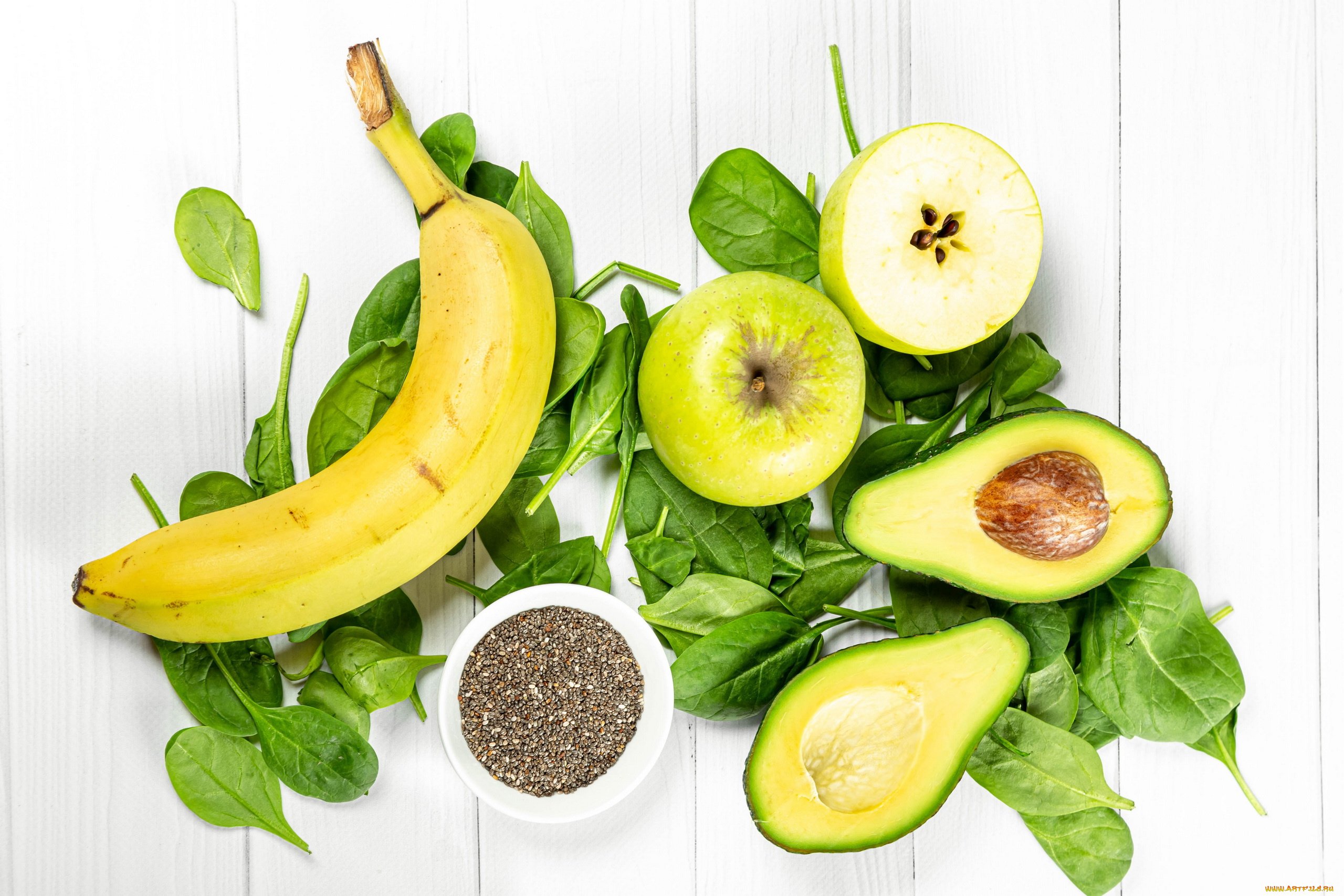 еда, фрукты, и, овощи, вместе, авокадо, яблоко, банан, мак, шпинат