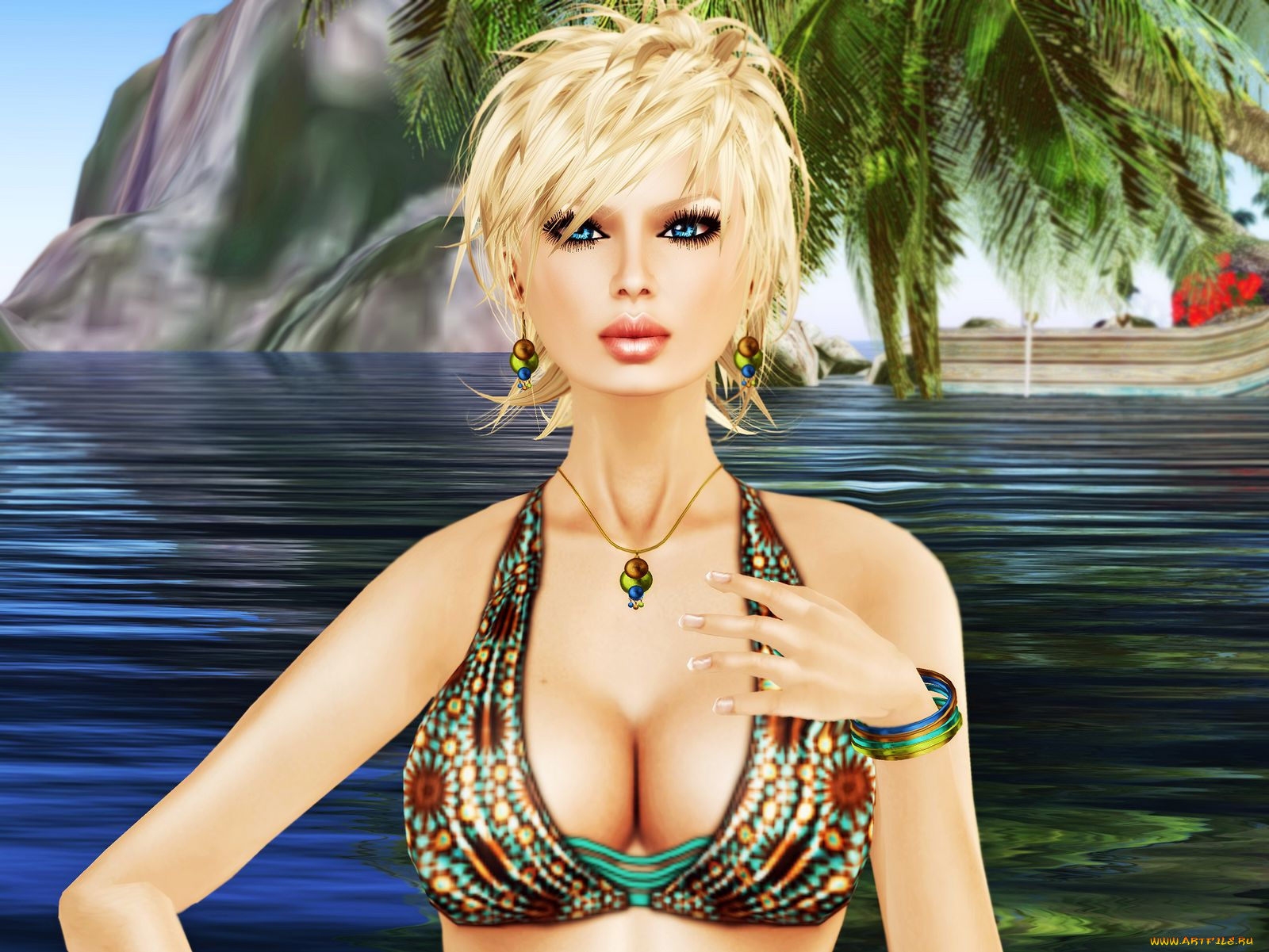 3д, графика, people, люди, бикини, блондинка, серьги, кулон
