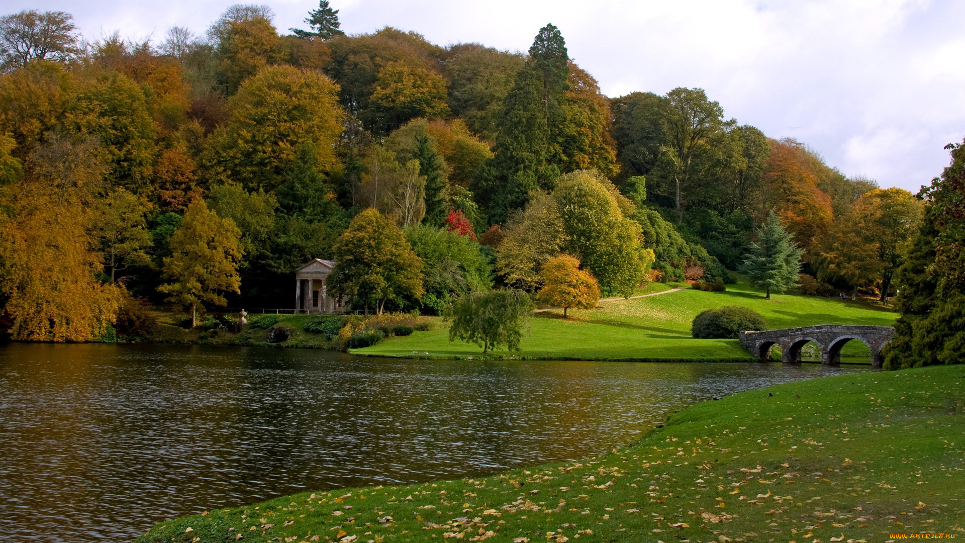 природа, реки, озера, деревья, мост, тропинка, беседка, вода, осень