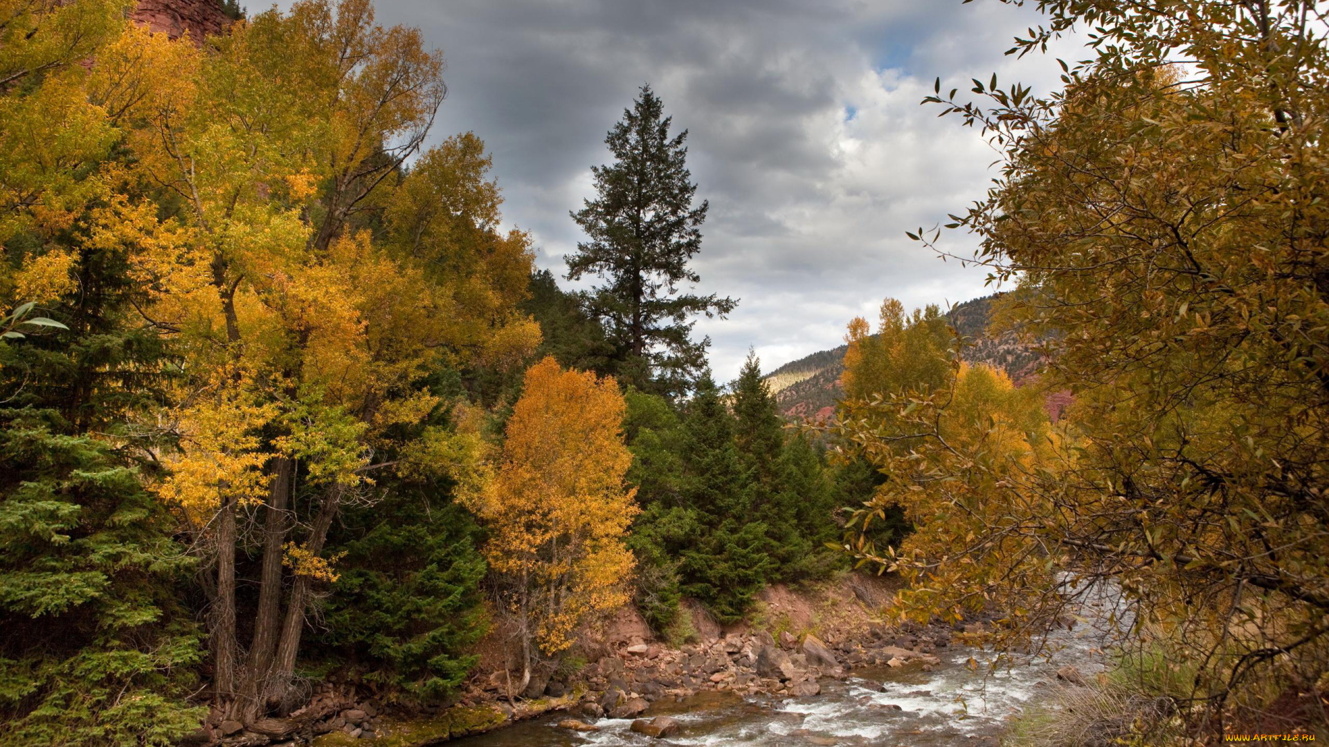 природа, реки, озера, облака, осень, лес, горы, река, камни