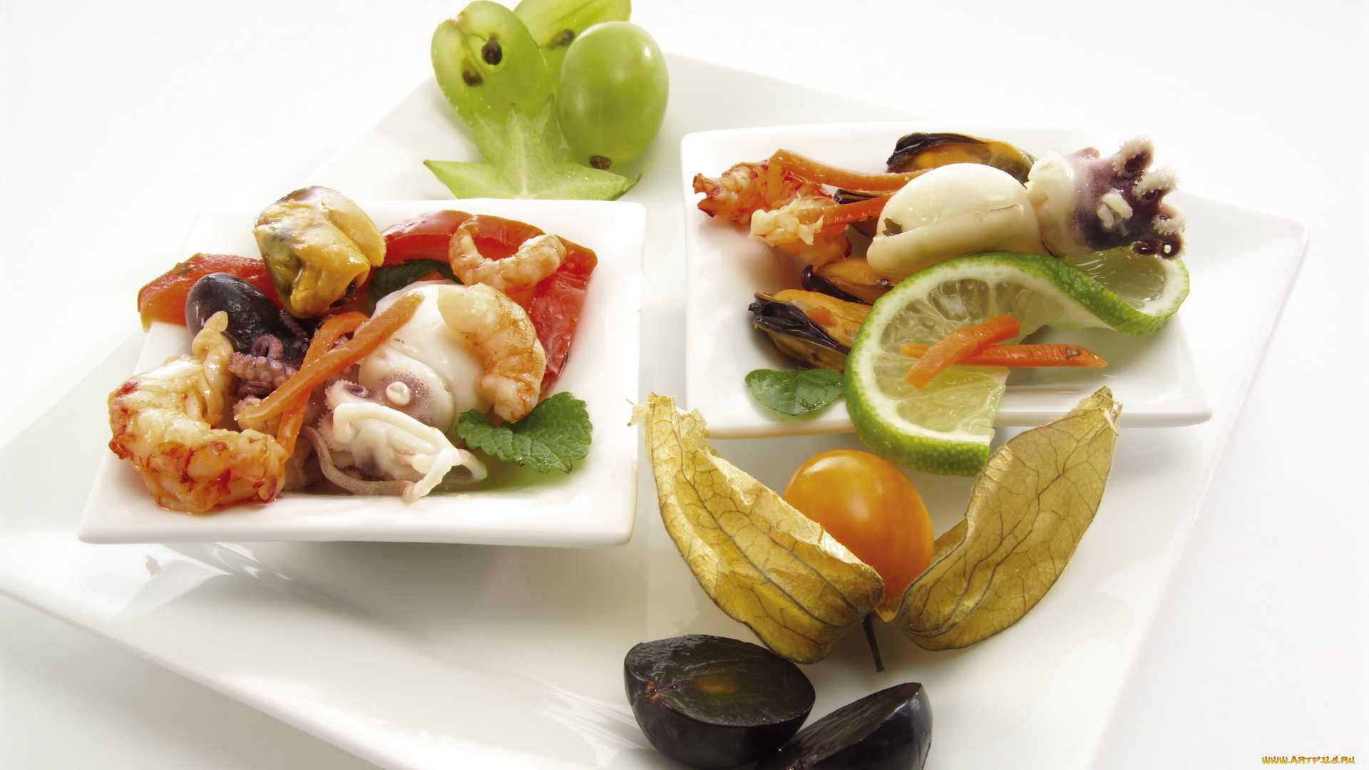еда, рыбные, блюда, морепродуктами, физалис, виноград, морепродукты