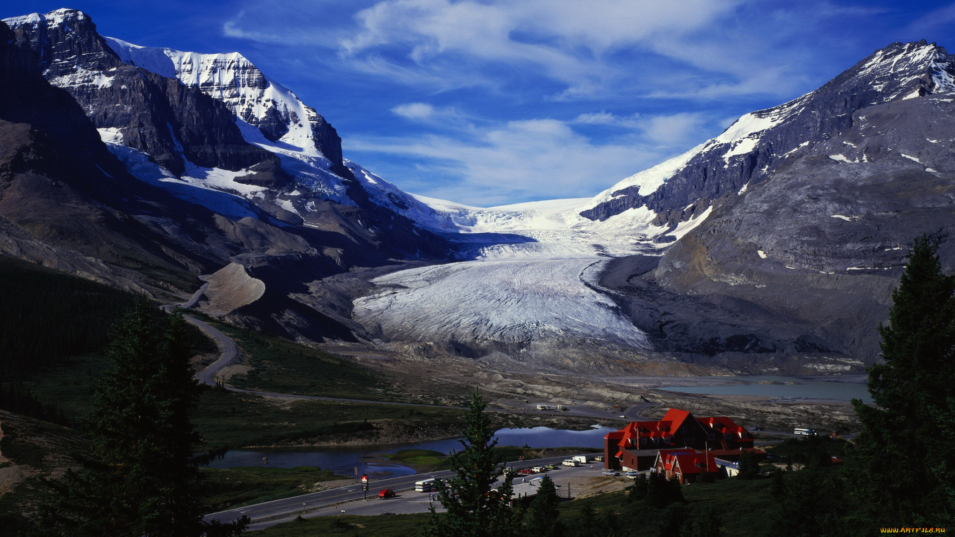 landscape, природа, горы, ледник, дорога, поселок