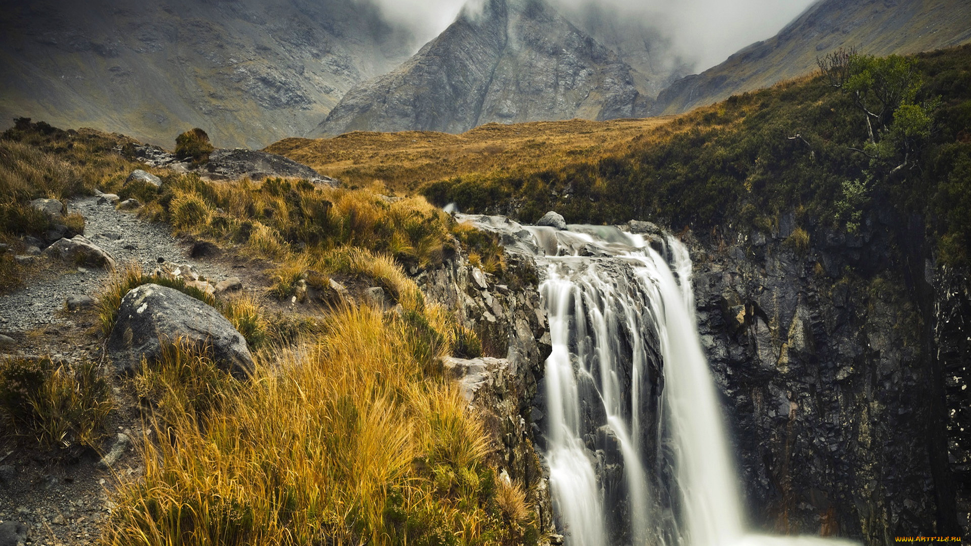 mountain, fall, природа, водопады, водопад, горы, река, обрыв