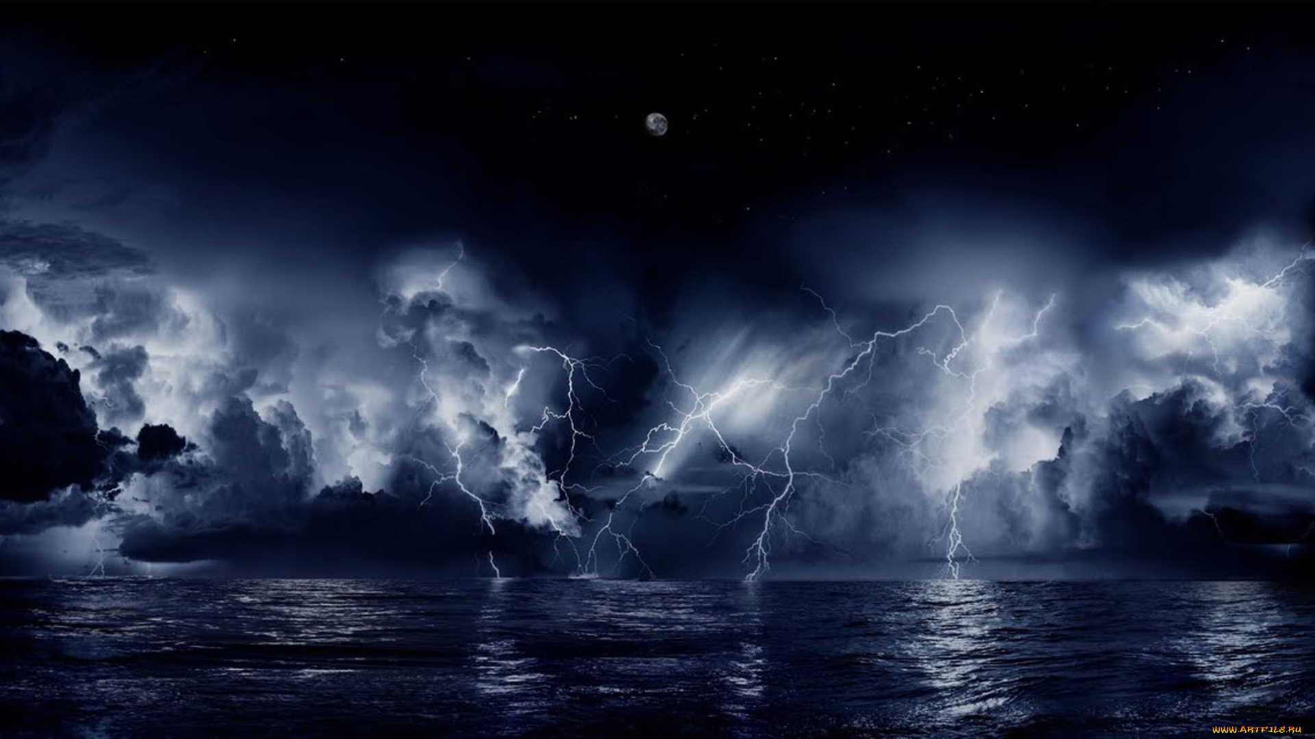 nature, 3д, графика, landscape, природа, молнии, гроза, шторм, океан