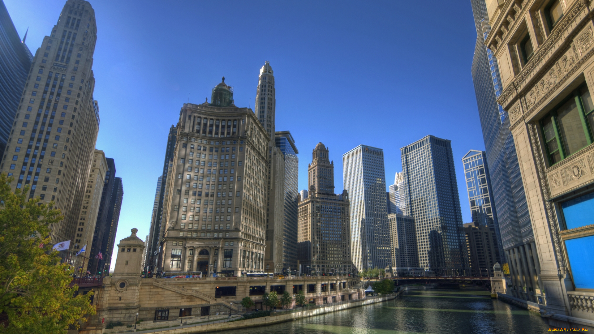 cityfront, center, chicago, illinois, города, Чикаго, сша, мост, здания, небоскрёбы, набережная, река