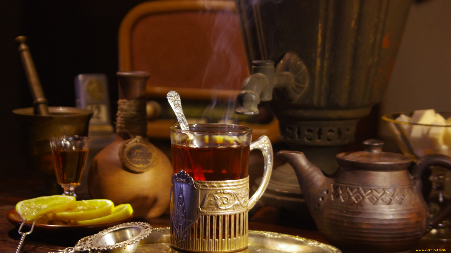 еда, напитки, Чай, самовар, лимон, стакан