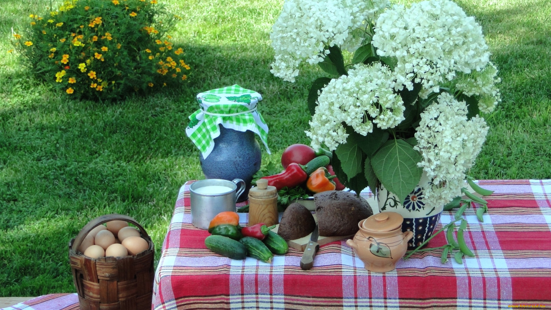 еда, натюрморт, яйца, хлеб, овощи, гортензия